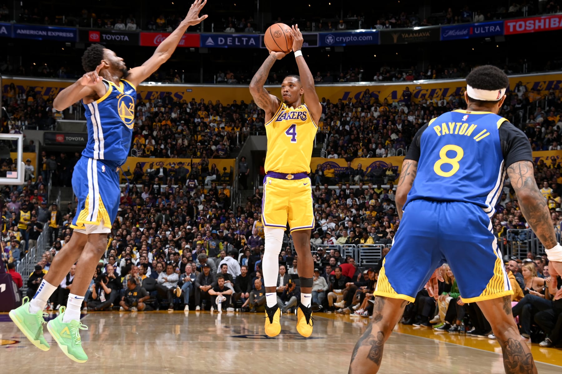 LOS ANGELES, CA - MAY 8: Lonnie Walker IV #4 of the Los Angeles Lakers shoots a three point basket during the game against the Golden State Warriors during Game 4 of the 2023 NBA Playoffs Western Conference Semi Finals on May 8, 2023 at Crypto.Com Arena in Los Angeles, California. NOTE TO USER: User expressly acknowledges and agrees that, by downloading and/or using this Photograph, user is consenting to the terms and conditions of the Getty Images License Agreement. Mandatory Copyright Notice: Copyright 2023 NBAE (Photo by Andrew D. Bernstein/NBAE via Getty Images) LOS ANGELES, CA - MAY 8: Lonnie Walker IV #4 of the Los Angeles Lakers shoots a three point basket during the game against the Golden State Warriors during Game 4 of the 2023 NBA Playoffs Western Conference Semi Finals on May 8, 2023 at Crypto.Com Arena in Los Angeles, California. NOTE TO USER: User expressly acknowledges and agrees that, by downloading and/or using this Photograph, user is consenting to the terms and conditions of the Getty Images License Agreement. Mandatory Copyright Notice: Copyright 2023 NBAE (Photo by Andrew D. Bernstein/NBAE via Getty Images)