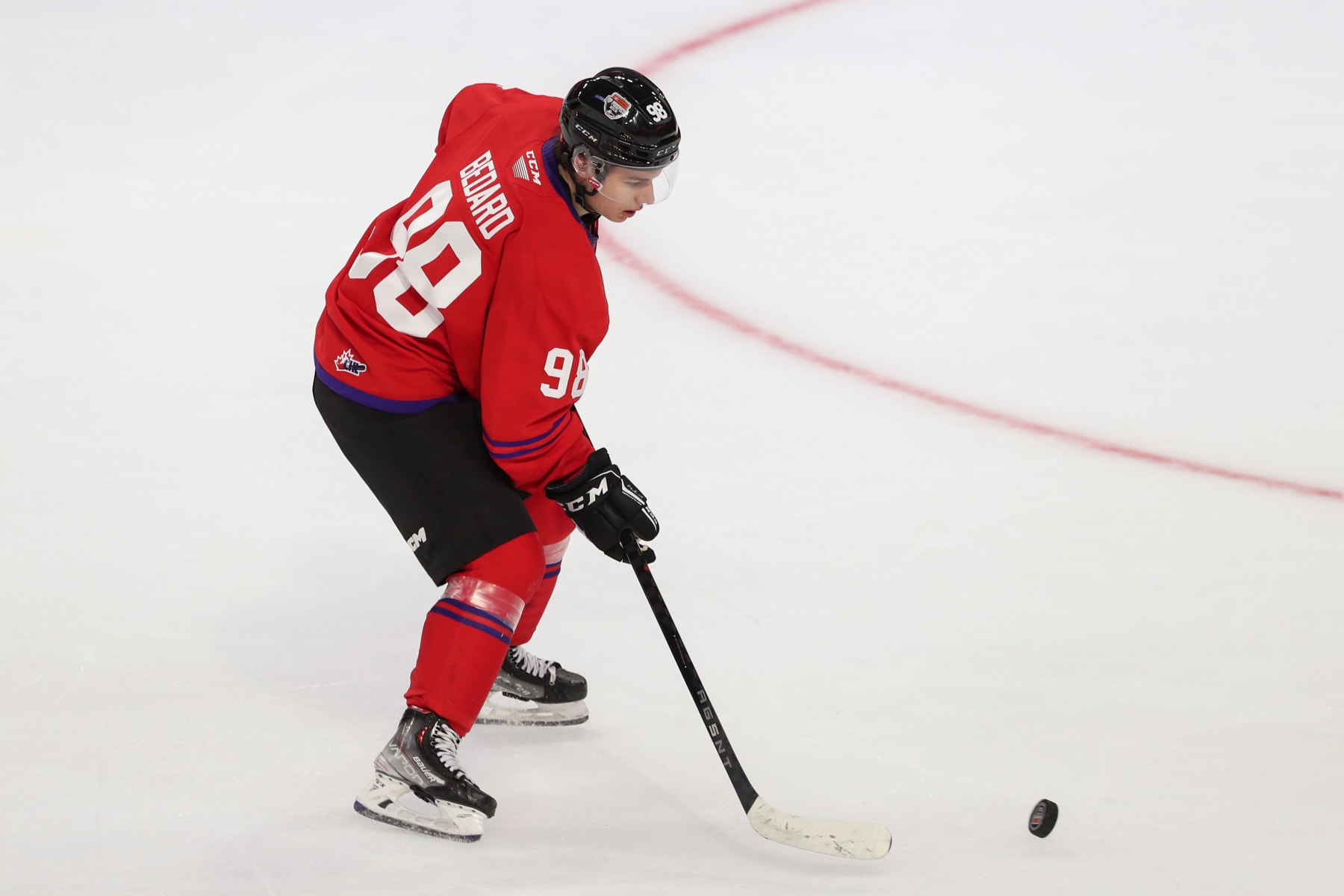 LANGLEY, BRITISH COLUMBIA - JANUARY 25: Forward Connor Bedard #98 of the Regina Pats fires a slapshot for team Red during the 2023 Kubota CHL Top Prospects Game at the Langley Events Centre on January 25, 2023 in Langley, British Columbia. (Photo by Dennis Pajot/Getty Images)