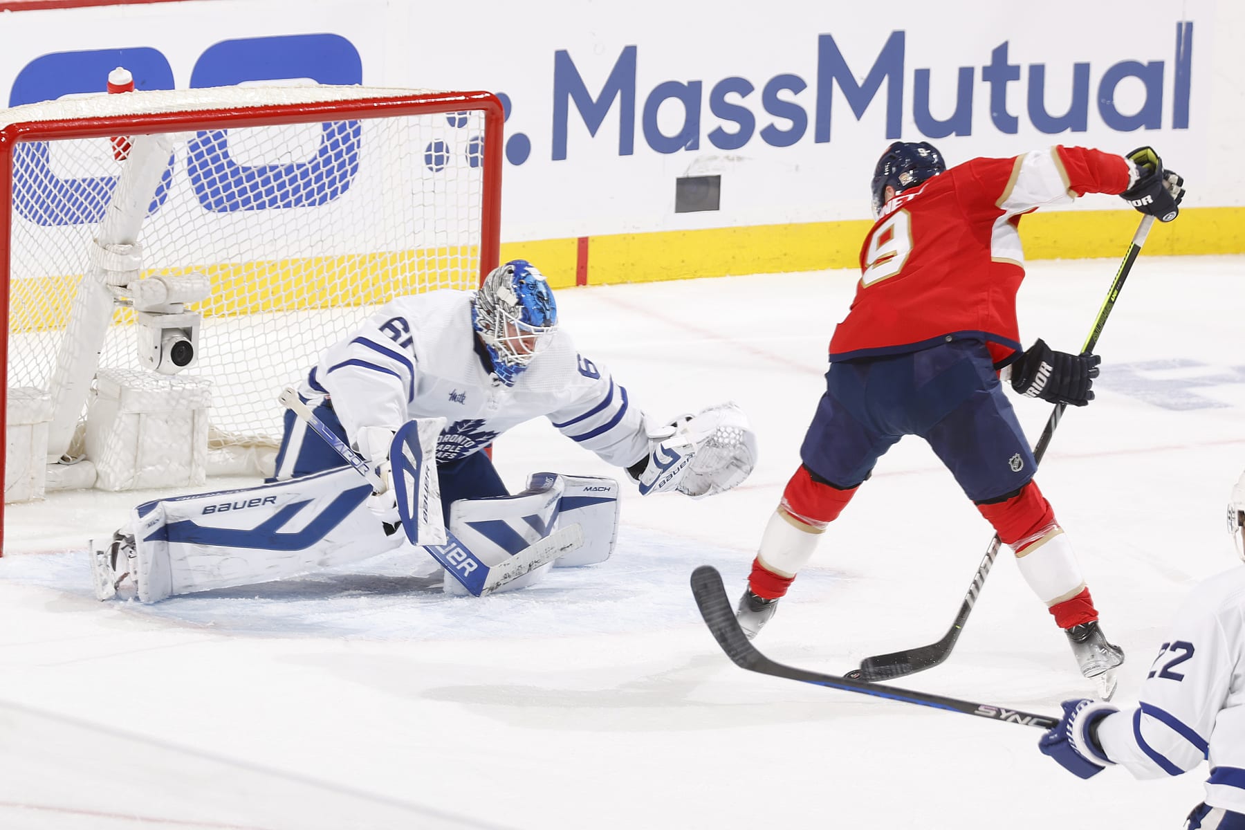 SUNRISE, FL - MAY 7: Joseph Woll #60 of the Toronto Maple Leafs stops a shot by Matthew Tkachuk #19 of the Florida Panthers during third period action in Game Three of the Second Round of the 2023 Stanley Cup Playoffs at the FLA Live Arena on May 7, 2023 in Sunrise, Florida. (Photo by Joel Auerbach/Getty Images)