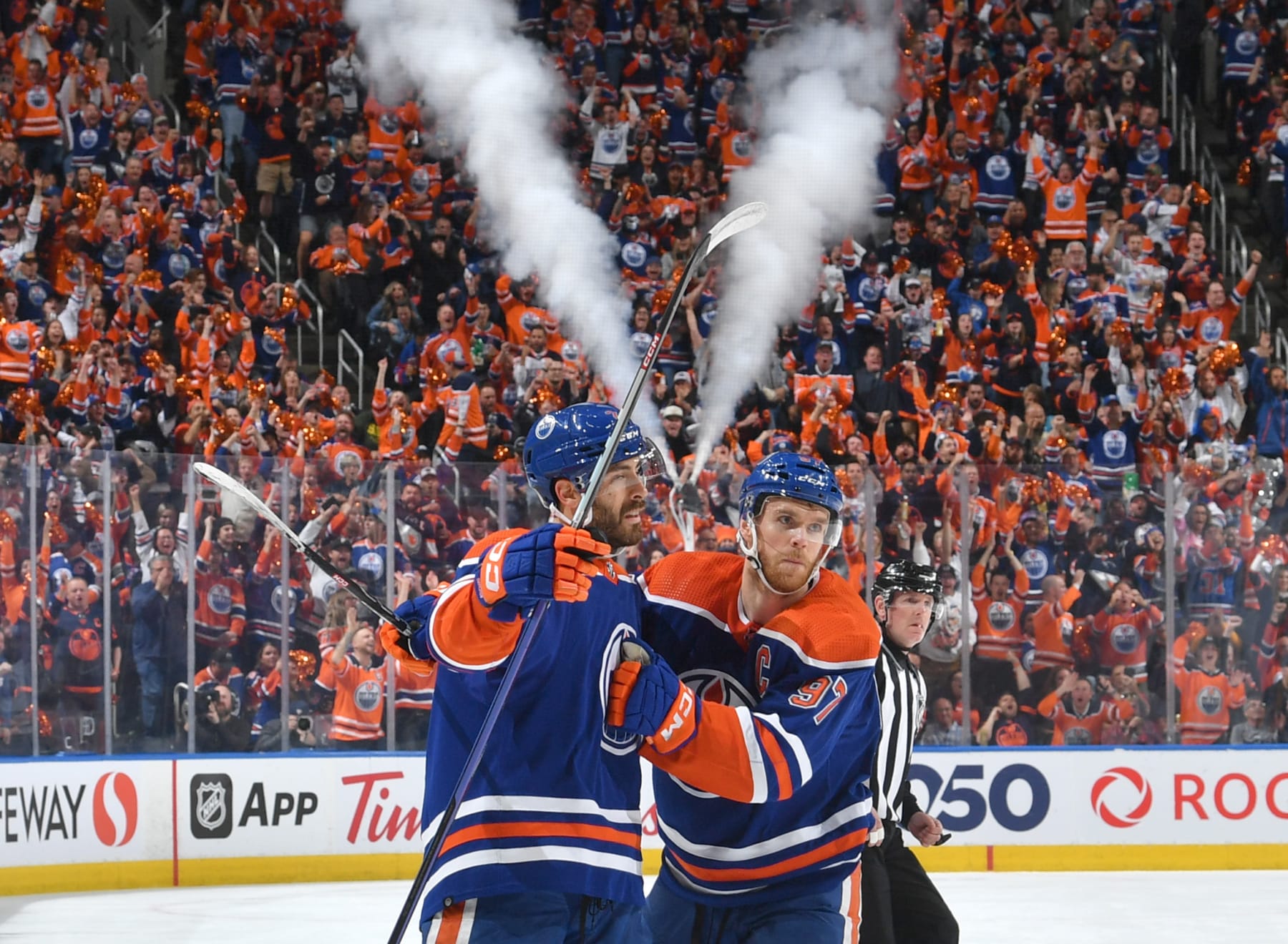 EDMONTON, CANADA - MAY 10: Evan Bouchard #2 of the Edmonton Oilers celebrates after his first period goal against the Vegas Golden Knights with Connor McDavid #97 in Game Four of the Second Round of the 2023 Stanley Cup Playoffs at Rogers Place on May 10, 2023, in Edmonton, Alberta, Canada. (Photo by Andy Devlin/NHLI via Getty Images)