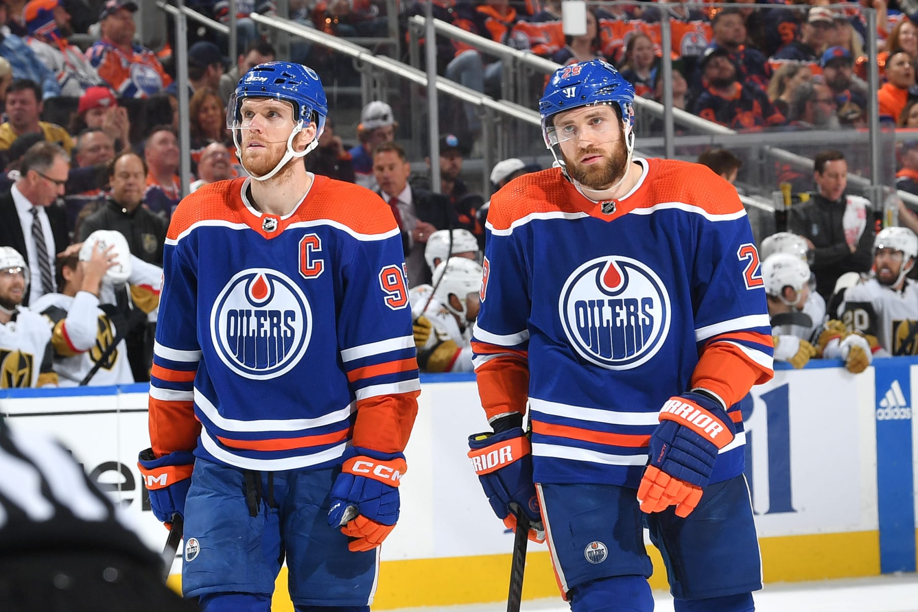 EDMONTON, CANADA - MAY 8: Connor McDavid #97 and Leon Draisaitl #29 of the Edmonton Oilers await a face-off  in Game Three of the Second Round of the 2023 Stanley Cup Playoffs against the Vegas Golden Knights at Rogers Place on May 8, 2023, in Edmonton, Alberta, Canada. (Photo by Andy Devlin/NHLI via Getty Images)