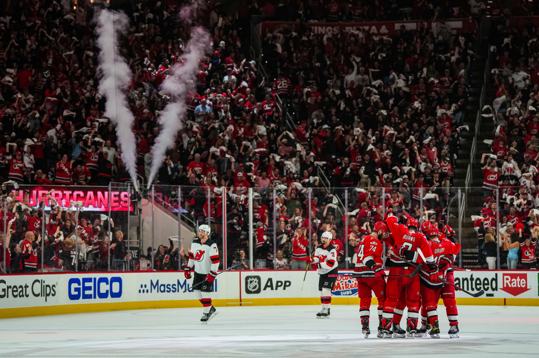 Carolina Hurricanes' Brent Burns (8) controls the puck against the New  Jersey Devils during the first period of Game 5 of an NHL hockey Stanley  Cup second-round playoff series in Raleigh, N.C.