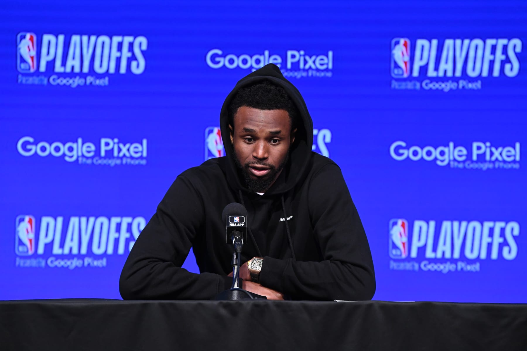 SAN FRANCISCO, CA - MAY 10: Andrew Wiggins #22 of the Golden State Warriors addresses the media after winning Game Five of the Western Conference Semi-Finals of the 2023 NBA Playoffs against the Los Angeles Lakers on May 10, 2023 at Chase Center in San Francisco, California. NOTE TO USER: User expressly acknowledges and agrees that, by downloading and or using this photograph, user is consenting to the terms and conditions of Getty Images License Agreement. Mandatory Copyright Notice: Copyright 2023 NBAE (Photo by Noah Graham/NBAE via Getty Images)