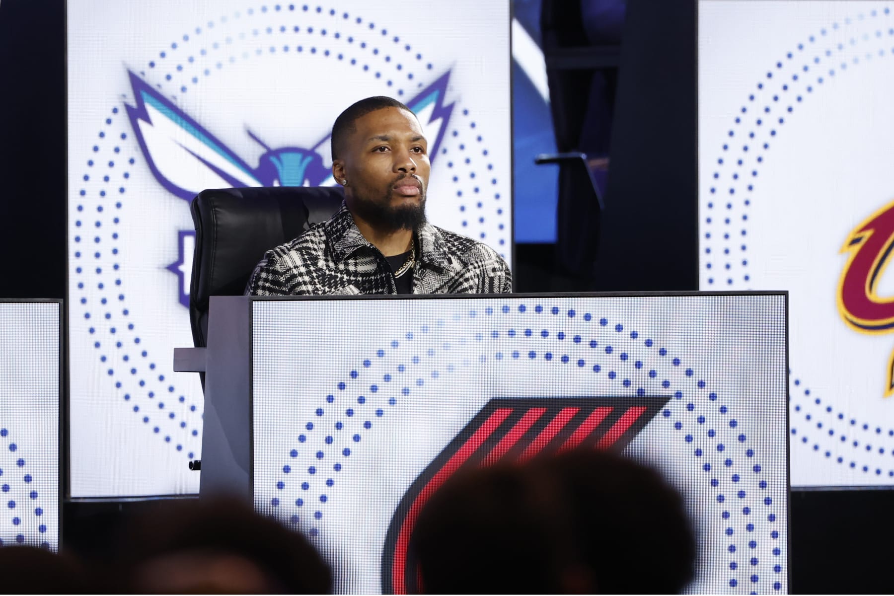 CHICAGO,IL - MAY 17: Damian Lillard #0 of the Portland Trail Blazers looks on during the 2022 NBA Draft Lottery at McCormick Place on May 17, 2022 in Chicago, Illinois. NOTE TO USER: User expressly acknowledges and agrees that, by downloading and or using this photograph, User is consenting to the terms and conditions of the Getty Images License Agreement. Mandatory Copyright Notice: Copyright 2022 NBAE (Photo by Kamil Krzaczynski/NBAE via Getty Images) CHICAGO,IL - MAY 17: Damian Lillard #0 of the Portland Trail Blazers looks on during the 2022 NBA Draft Lottery at McCormick Place on May 17, 2022 in Chicago, Illinois. NOTE TO USER: User expressly acknowledges and agrees that, by downloading and or using this photograph, User is consenting to the terms and conditions of the Getty Images License Agreement. Mandatory Copyright Notice: Copyright 2022 NBAE (Photo by Kamil Krzaczynski/NBAE via Getty Images)