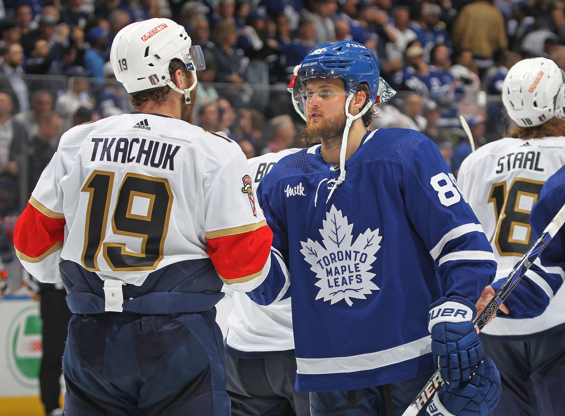 TORONTO, CANADA - MAY 12: William Nylander #88 of the Toronto Maple Leafs congratulates Matthew Tkachuk #19 of the Florida Panthers after Game Five of the Second Round of the 2023 Stanley Cup Playoffs at Scotiabank Arena on May 12, 2023 in Toronto, Ontario, Canada. The Panthers defeated the Maple Leafs 3-2 in overtime. (Photo by Claus Andersen/Getty Images)