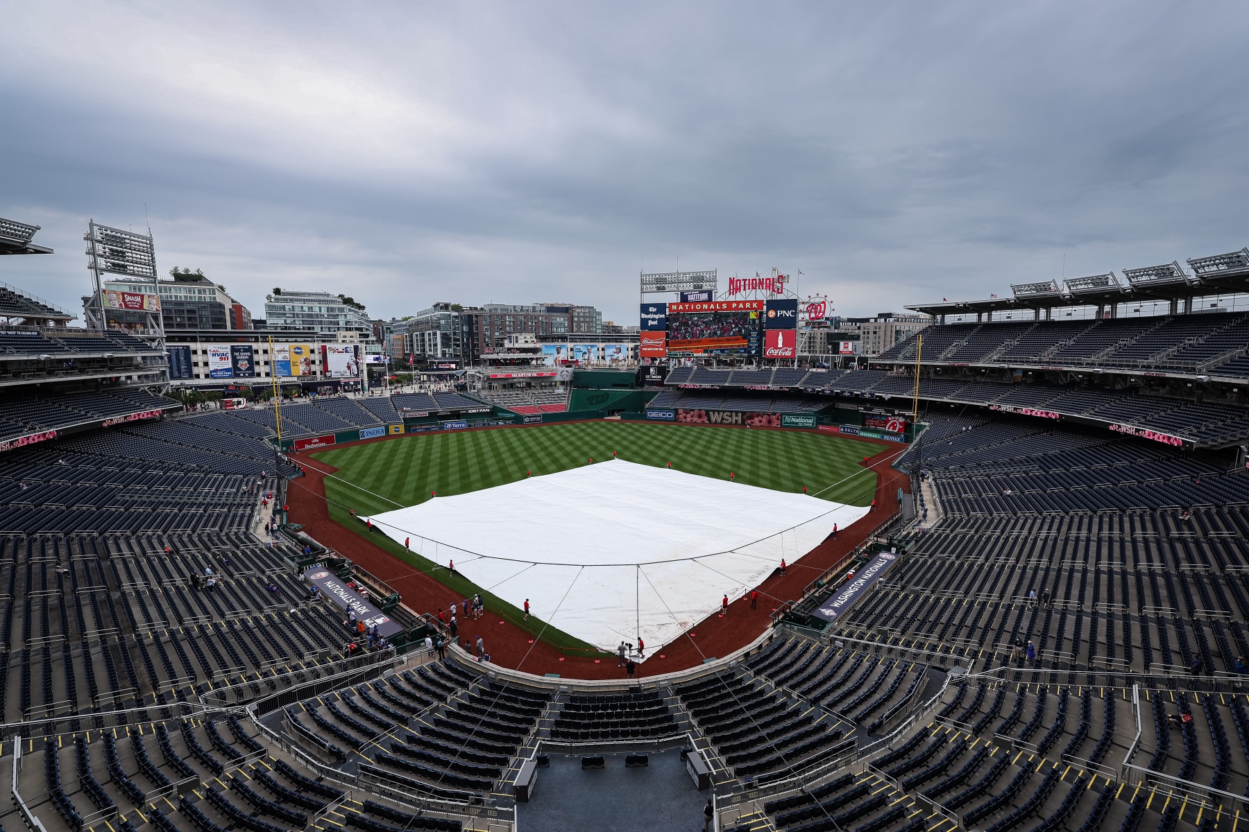 WASHINGTON, DC - MAY 13: A general view of the tarp on the field before the game between the Washington Nationals and the New York Mets at Nationals Park on May 13, 2023 in Washington, DC. (Photo by Scott Taetsch/Getty Images)
