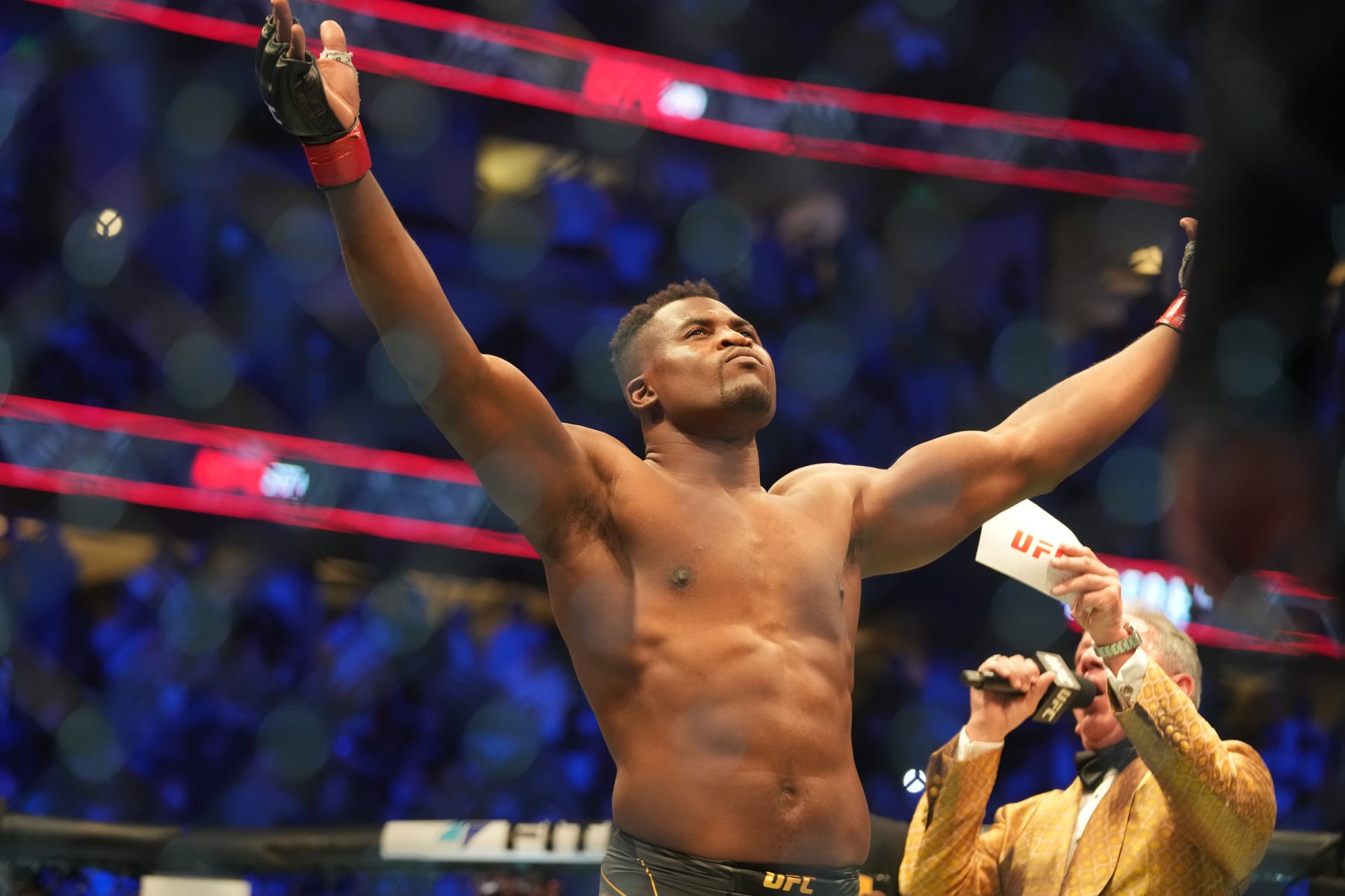 ANAHEIM, CA - JANUARY 22: Francis Ngannou prepares to fight Ciryl Gane in their Heavyweight championship fight during UFC 270 on January 22, 2022, at Honda Center in Anaheim, California. (Photo by Louis Grasse/PxImages/Icon Sportswire via Getty Images)