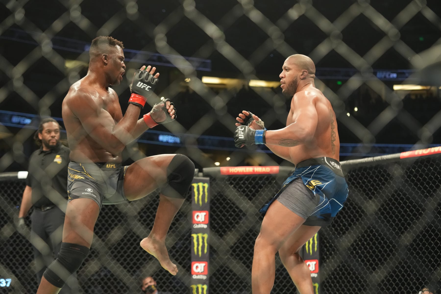 ANAHEIM, CA - JANUARY 22: (L-R) Francis Ngannou battles Ciryl Gane in their Heavyweight championship fight during UFC 270 on January 22, 2022, at Honda Center in Anaheim, California. (Photo by Louis Grasse/PxImages/Icon Sportswire via Getty Images)