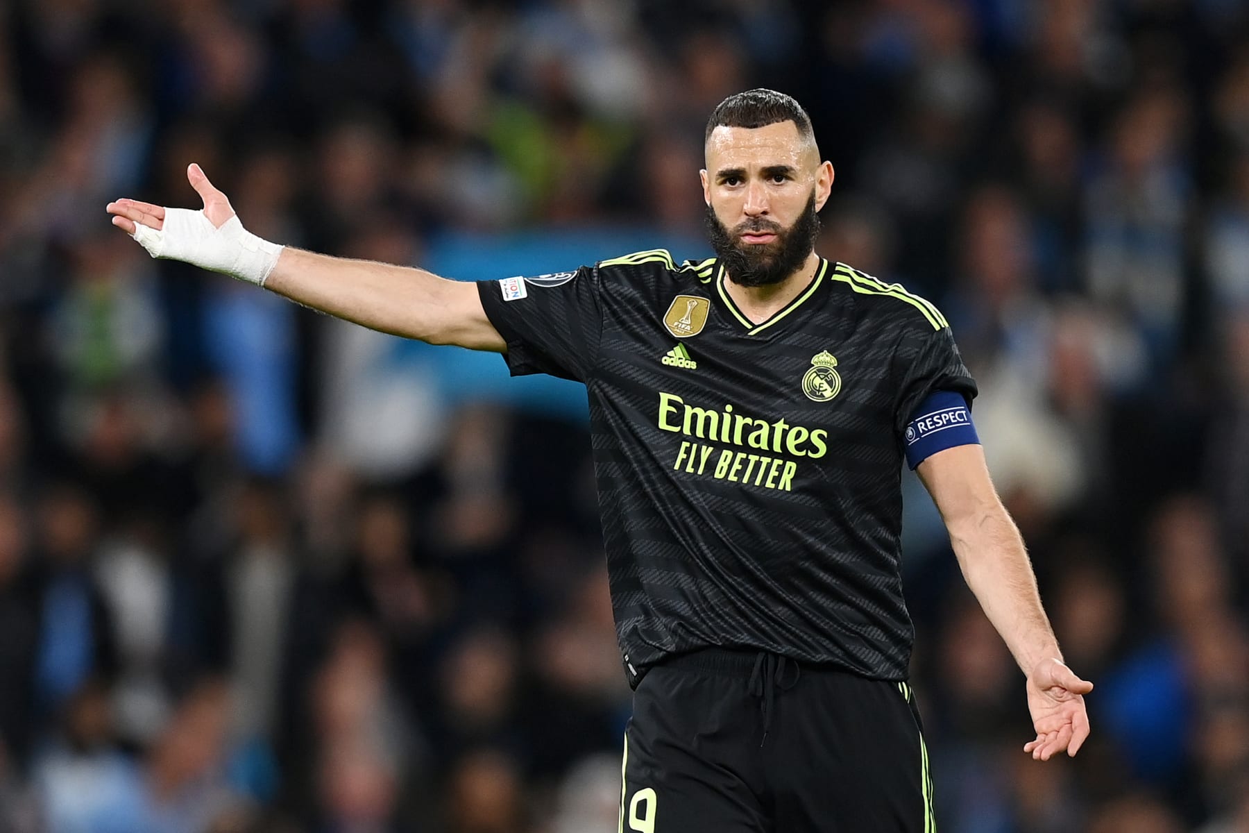 MANCHESTER, ENGLAND - MAY 17: Karim Benzema of Real Madrid reacts during the UEFA Champions League semi-final second leg match between Manchester City FC and Real Madrid at Etihad Stadium on May 17, 2023 in Manchester, England. (Photo by Michael Regan/Getty Images)