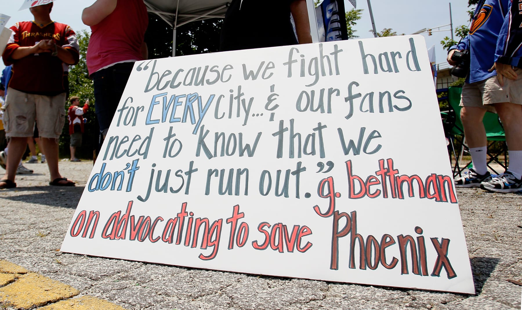 ATLANTA, GA - MAY 21: A sign displayed outside Philips Arena shows a quote by NHL Commissioner Gary Bettman on his comment about keeping the Phoenix Coyotes in Phoenix as fans hold a rally to keep the Thrashers in Atlanta at Philips Arena on May 21, 2011 in Atlanta, Georgia. It has been reported the Thrashers may relocate to Winnipeg, Canada.(Photo by Kevin C. Cox/Getty Images)