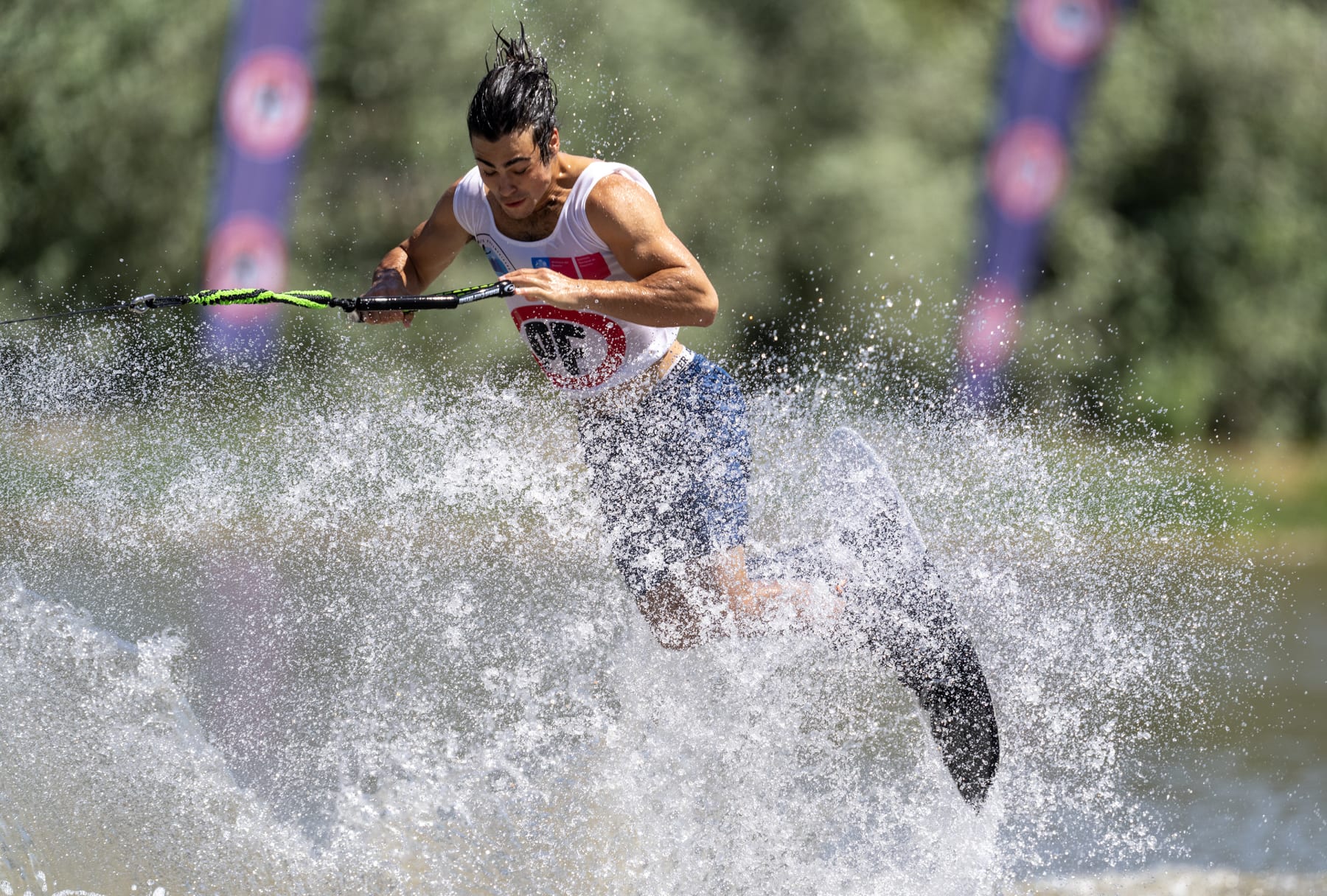 SANTIAGO, CHILE - DECEMBER 3: Micky Geller of Canada skis during the Pan American Waterski Championships on Lago Los Morros on December, 3, 2022 in Santiago, Chile. (Photo by Johnny Hayward/Getty Images)