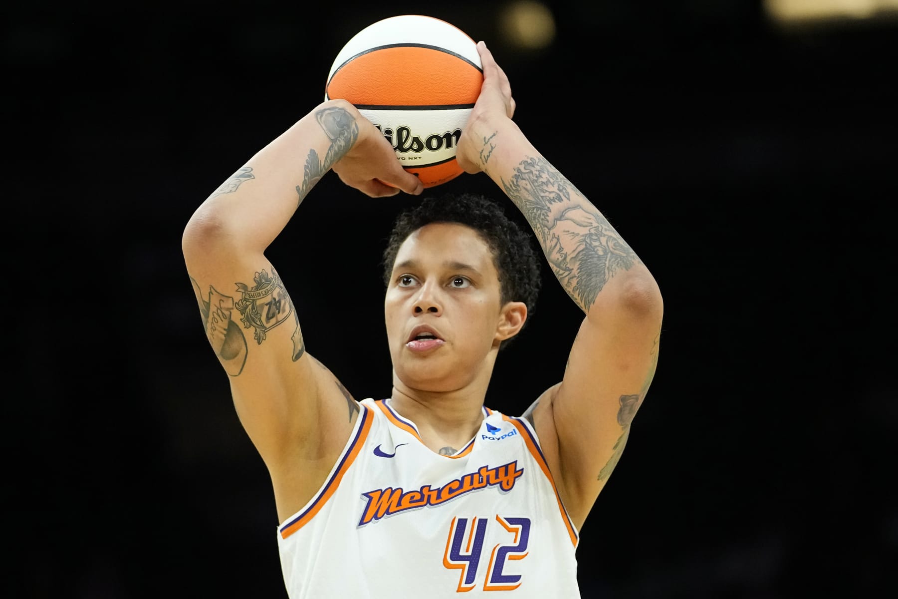 Phoenix Mercury center Brittney Griner (42) shoots a free throw against the Los Angeles Sparks during the first half of a WNBA preseason basketball game, Friday, May 12, 2023, in Phoenix. (AP Photo/Matt York)