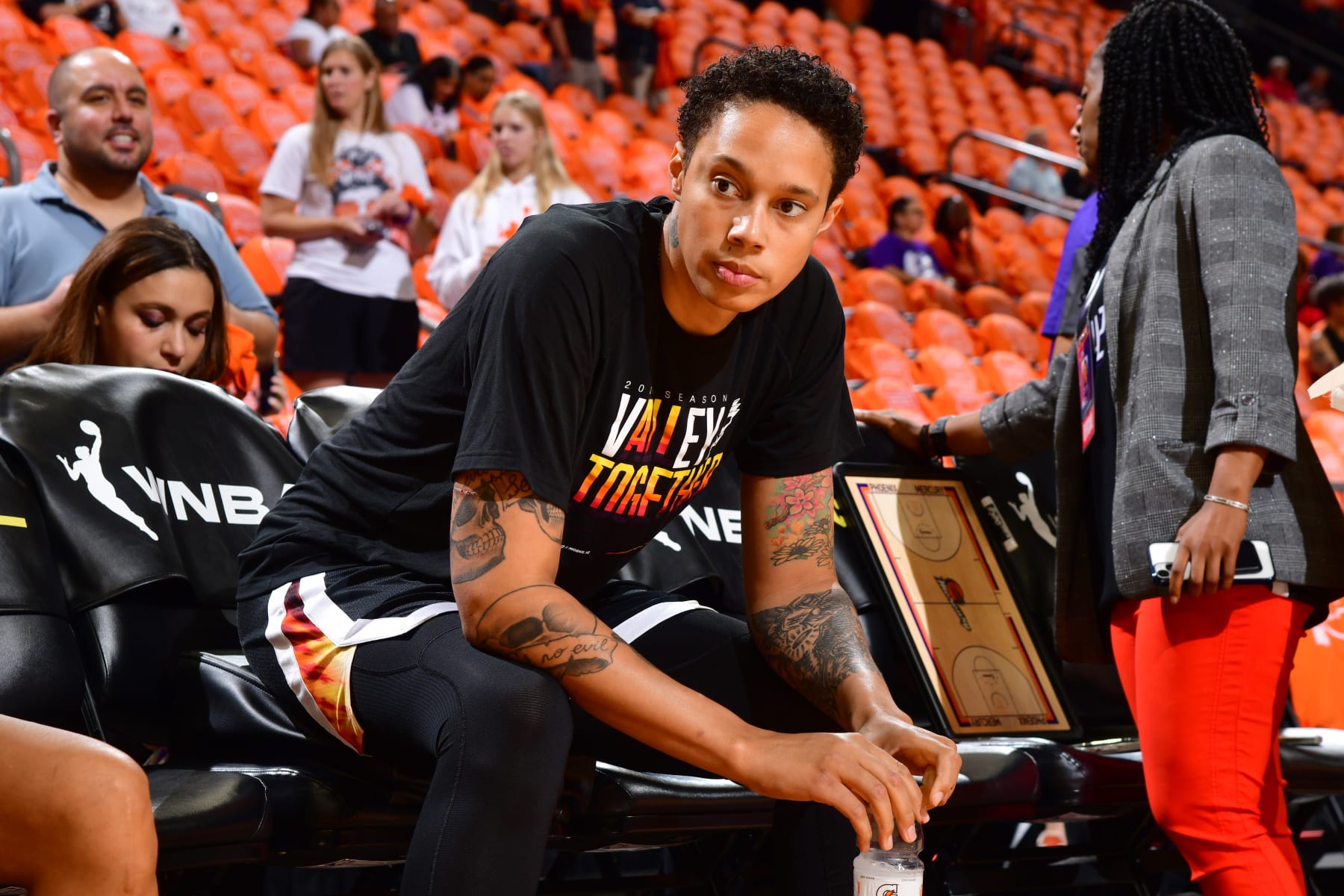 PHOENIX, AZ - May 21: Brittney Griner #42 of the Phoenix Mercury sits on the bench prior to the game against the Chicago Sky on MAY 21, 2023 at Footprint Center in Phoenix, Arizona. NOTE TO USER: User expressly acknowledges and agrees that, by downloading and or using this photograph, user is consenting to the terms and conditions of the Getty Images License Agreement. Mandatory Copyright Notice: Copyright 2023 NBAE (Photo by Barry Gossage/NBAE via Getty Images)