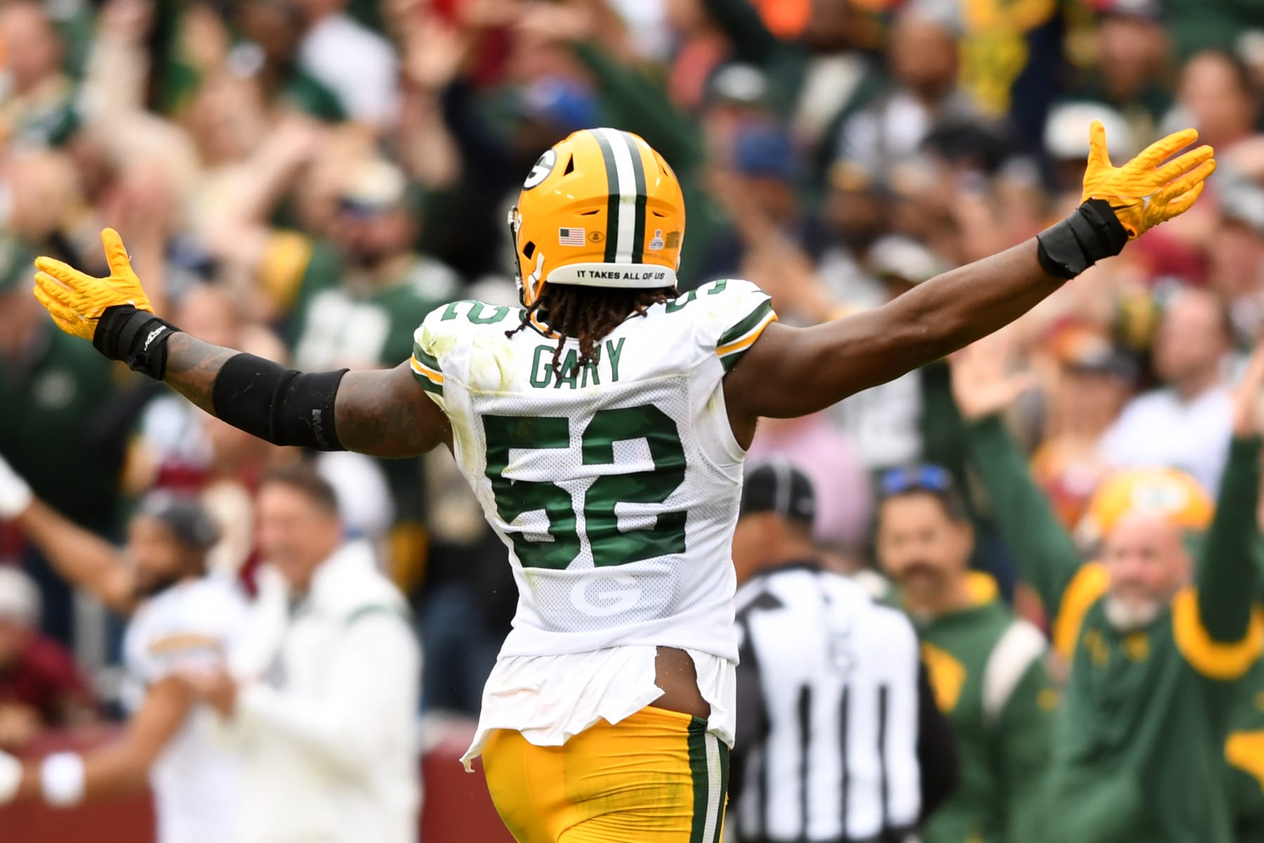 LANDOVER, MARYLAND - OCTOBER 23: Rashan Gary #52 of the Green Bay Packers reacts after a defensive stop during the second half against the Washington Commanders at FedExField on October 23, 2022 in Landover, Maryland. (Photo by Mitchell Layton/Getty Images)