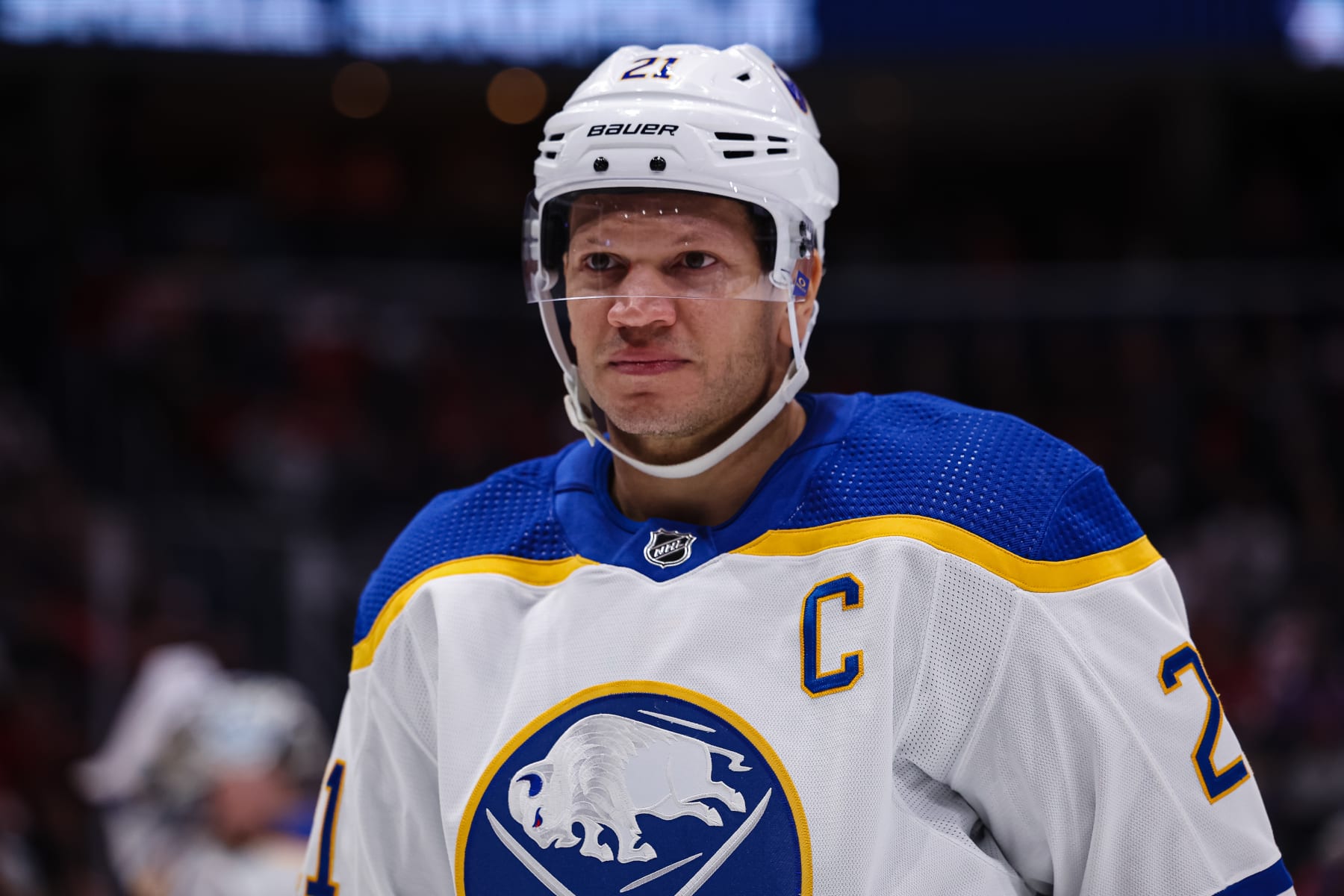 WASHINGTON, DC - MARCH 15: Kyle Okposo #21 of the Buffalo Sabres looks on against the Washington Capitals during the second period of the game at Capital One Arena on March 15, 2023 in Washington, DC. (Photo by Scott Taetsch/Getty Images)