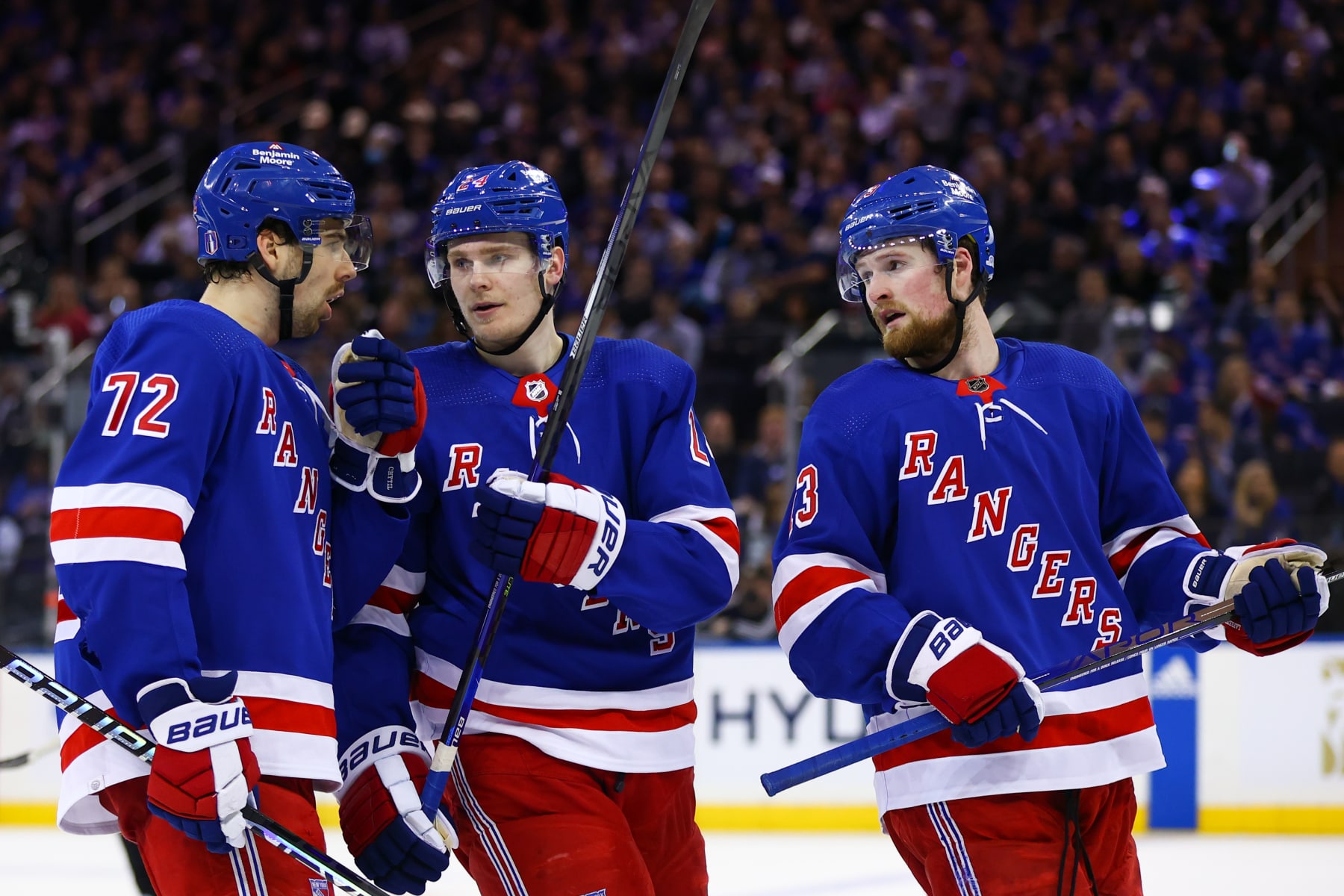 NEW YORK, NY - APRIL 24: New York Rangers Center Filip Chytil (72), New York Rangers Right Wing Kaapo Kakko (24), and New York Rangers Left Wing Alexis Lafreniere (13) are pictured during the third period of Game 4 of the National Hockey League Eastern Conference First Round between the New Jersey Devils and the New York Rangers on April 24, 2023 at Madison Square Garden in New York, NY. (Photo by Joshua Sarner/Icon Sportswire via Getty Images)