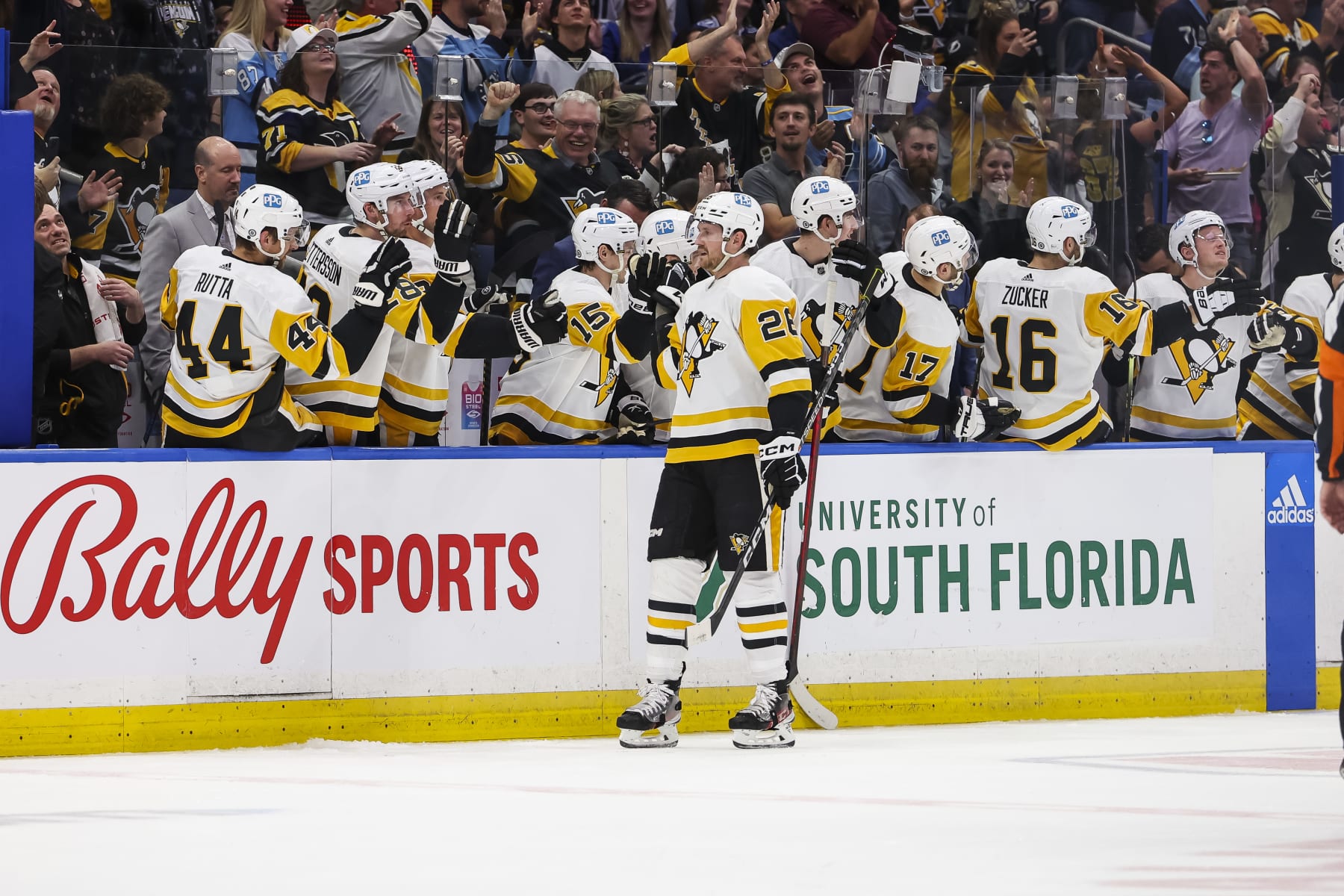 TAMPA, FL - MARCH 2: Jeff Petry #26 of the Pittsburgh Penguins celebrates a goal with teammates against the Tampa Bay Lightning during the second period at Amalie Arena on March 2, 2023 in Tampa, Florida. (Photo by Mark LoMoglio/NHLI via Getty Images)