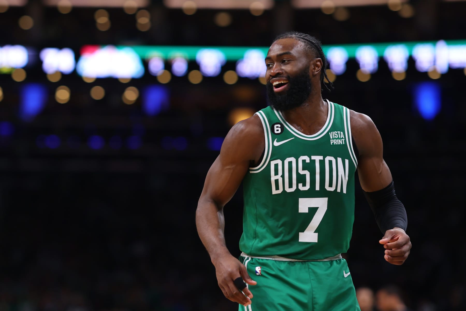 BOSTON, MASSACHUSETTS - MAY 25: Jaylen Brown #7 of the Boston Celtics reacts against the Miami Heat during the second quarter in game five of the Eastern Conference Finals at TD Garden on May 25, 2023 in Boston, Massachusetts. NOTE TO USER: User expressly acknowledges and agrees that, by downloading and or using this photograph, User is consenting to the terms and conditions of the Getty Images License Agreement. (Photo by Maddie Meyer/Getty Images) BOSTON, MASSACHUSETTS - MAY 25: Jaylen Brown #7 of the Boston Celtics reacts against the Miami Heat during the second quarter in game five of the Eastern Conference Finals at TD Garden on May 25, 2023 in Boston, Massachusetts. NOTE TO USER: User expressly acknowledges and agrees that, by downloading and or using this photograph, User is consenting to the terms and conditions of the Getty Images License Agreement. (Photo by Maddie Meyer/Getty Images)