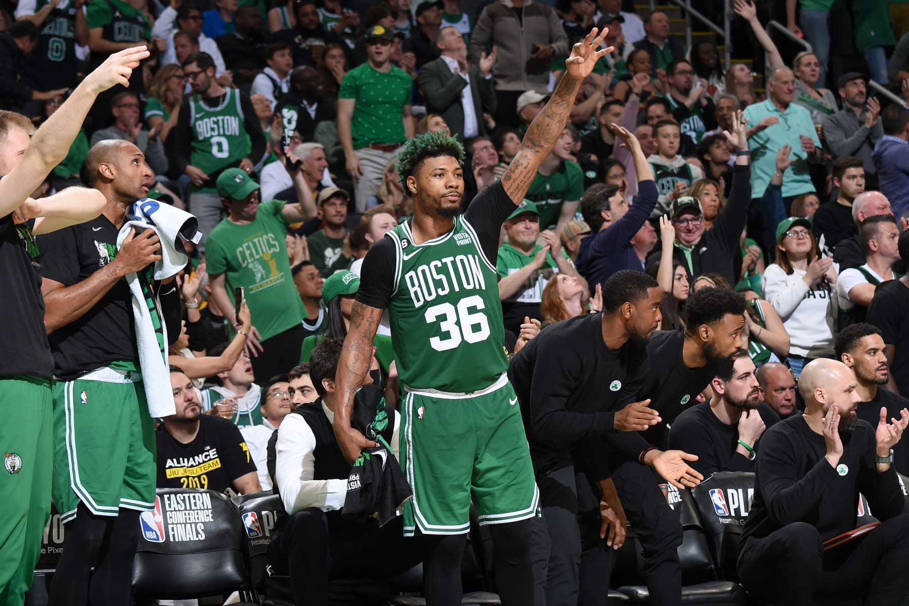 BOSTON, MA - MAY 25: Marcus Smart #36 of the Boston Celtics looks on during Game 5 of the 2023 NBA Playoffs Eastern Conference Finals on May 25, 2023 at the TD Garden in Boston, Massachusetts. NOTE TO USER: User expressly acknowledges and agrees that, by downloading and or using this photograph, User is consenting to the terms and conditions of the Getty Images License Agreement. Mandatory Copyright Notice: Copyright 2023 NBAE (Photo by Brian Babineau/NBAE via Getty Images) BOSTON, MA - MAY 25: Marcus Smart #36 of the Boston Celtics looks on during Game 5 of the 2023 NBA Playoffs Eastern Conference Finals on May 25, 2023 at the TD Garden in Boston, Massachusetts. NOTE TO USER: User expressly acknowledges and agrees that, by downloading and or using this photograph, User is consenting to the terms and conditions of the Getty Images License Agreement. Mandatory Copyright Notice: Copyright 2023 NBAE (Photo by Brian Babineau/NBAE via Getty Images)