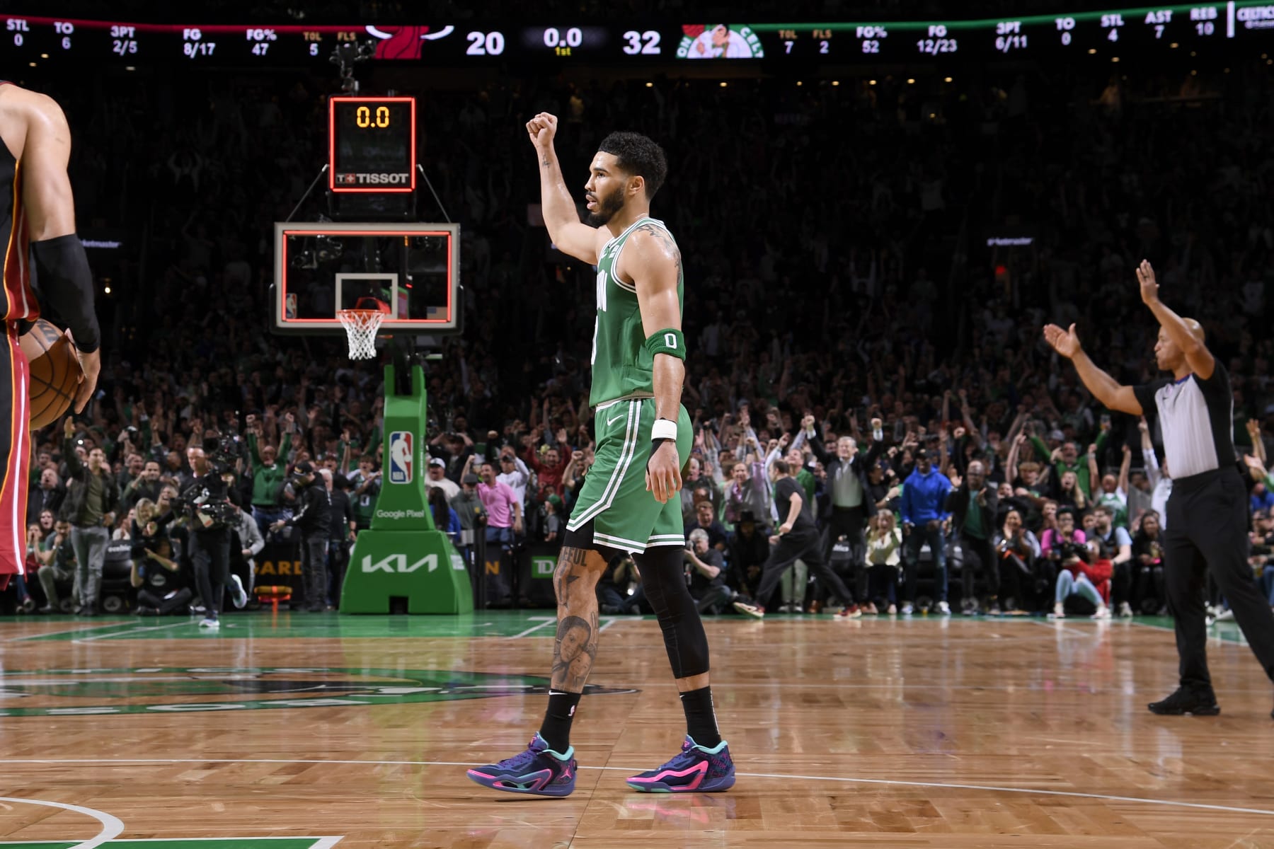 BOSTON, MA - MAY 25: Jayson Tatum #0 of the Boston Celtics looks on during Game 5 of the 2023 NBA Playoffs Eastern Conference Finals on May 25, 2023 at the TD Garden in Boston, Massachusetts. NOTE TO USER: User expressly acknowledges and agrees that, by downloading and or using this photograph, User is consenting to the terms and conditions of the Getty Images License Agreement. Mandatory Copyright Notice: Copyright 2023 NBAE (Photo by Brian Babineau/NBAE via Getty Images) BOSTON, MA - MAY 25: Jayson Tatum #0 of the Boston Celtics looks on during Game 5 of the 2023 NBA Playoffs Eastern Conference Finals on May 25, 2023 at the TD Garden in Boston, Massachusetts. NOTE TO USER: User expressly acknowledges and agrees that, by downloading and or using this photograph, User is consenting to the terms and conditions of the Getty Images License Agreement. Mandatory Copyright Notice: Copyright 2023 NBAE (Photo by Brian Babineau/NBAE via Getty Images)