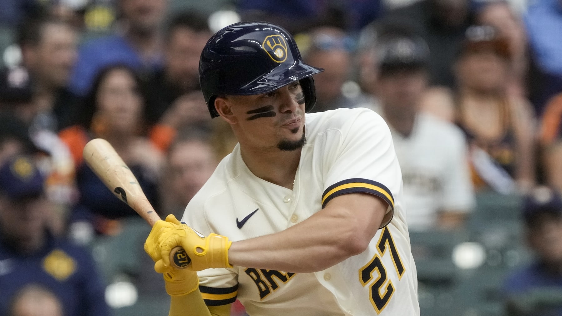 Milwaukee Brewers' Willy Adames during the first inning of a baseball game against the Houston Astros Monday, May 22, 2023, in Milwaukee. (AP Photo/Morry Gash)