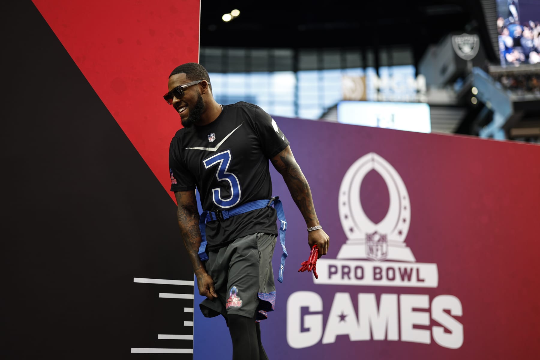 LAS VEGAS, NEVADA - FEBRUARY 05: LAS VEGAS, NEVADA - FEBRUARY 05: NFC strong safety Budda Baker #3 of the Arizona Cardinals reacts as he takes the stage during an NFL Pro Bowl football game at Allegiant Stadium on February 05, 2023 in Las Vegas, Nevada. (Photo by Michael Owens/Getty Images)