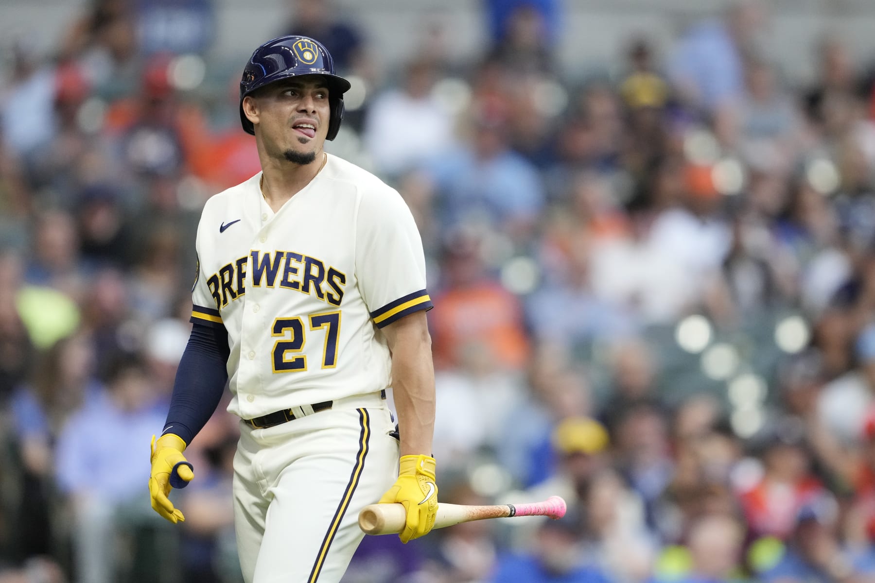 MILWAUKEE, WISCONSIN - MAY 23: Willy Adames #27 of the Milwaukee Brewers reacts after striking out in the third inning against the Houston Astros at American Family Field on May 23, 2023 in Milwaukee, Wisconsin. (Photo by Patrick McDermott/Getty Images)