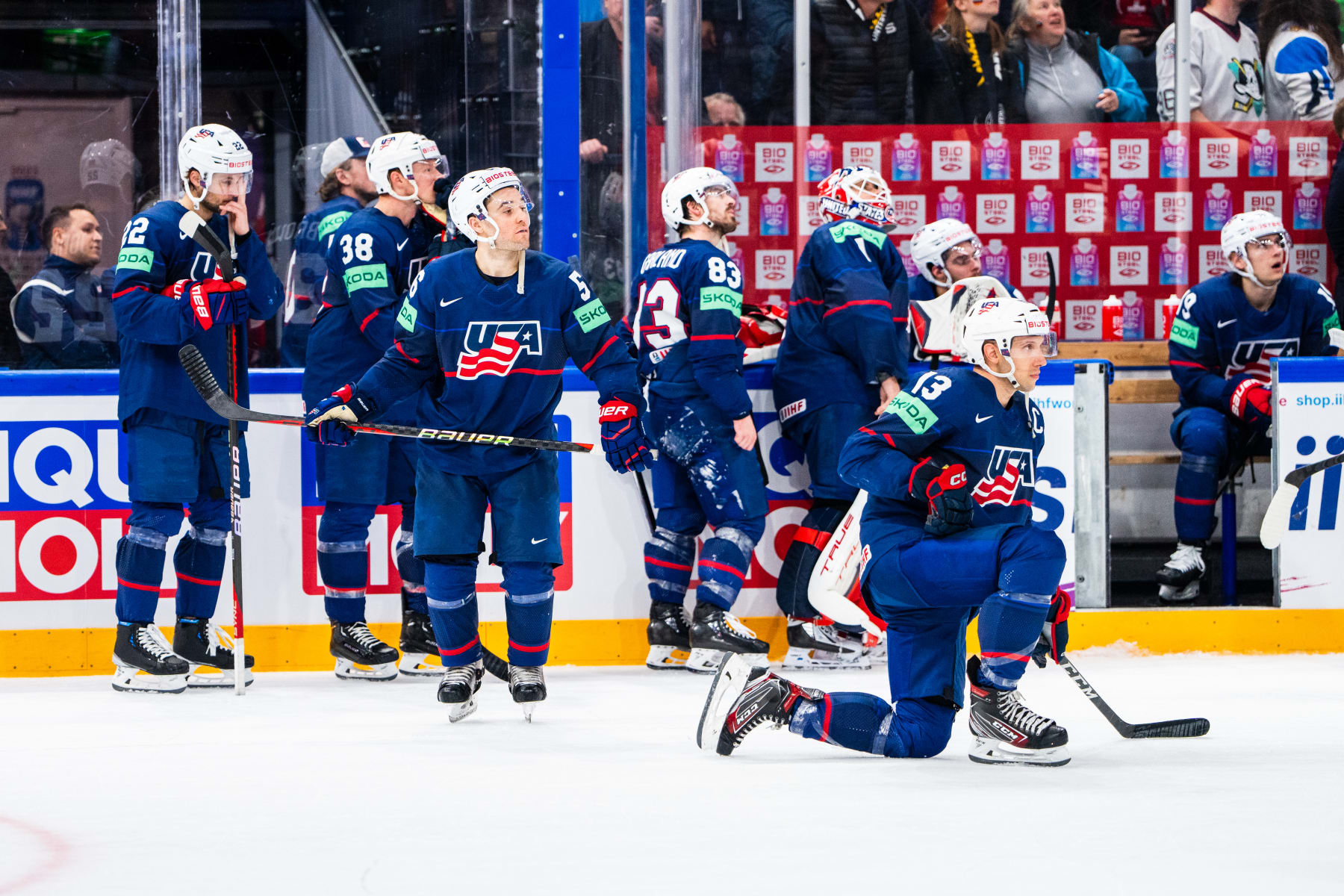 TAMPERE, FINLAND - MAY 28: Team USA defeated by Latvia during the 2023 IIHF Ice Hockey World Championship Finland - Latvia game between USA and Latvia at Nokia Arena on May 28, 2023 in Tampere, Finland. (Photo by Jari Pestelacci/Eurasia Sport Images/Getty Images)
