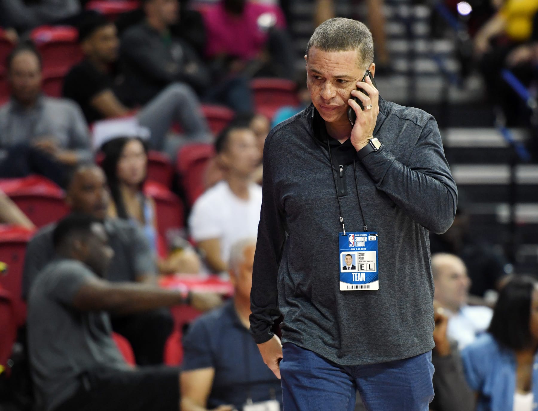 LAS VEGAS, NEVADA - JULY 07: General manager Scott Perry of the New York Knicks talks on a phone as he attends a game between the Knicks and the Phoenix Suns during the 2019 NBA Summer League at the Thomas & Mack Center on July 7, 2019 in Las Vegas, Nevada. NOTE TO USER: User expressly acknowledges and agrees that, by downloading and or using this photograph, User is consenting to the terms and conditions of the Getty Images License Agreement. (Photo by Ethan Miller/Getty Images) LAS VEGAS, NEVADA - JULY 07: General manager Scott Perry of the New York Knicks talks on a phone as he attends a game between the Knicks and the Phoenix Suns during the 2019 NBA Summer League at the Thomas & Mack Center on July 7, 2019 in Las Vegas, Nevada. NOTE TO USER: User expressly acknowledges and agrees that, by downloading and or using this photograph, User is consenting to the terms and conditions of the Getty Images License Agreement. (Photo by Ethan Miller/Getty Images)