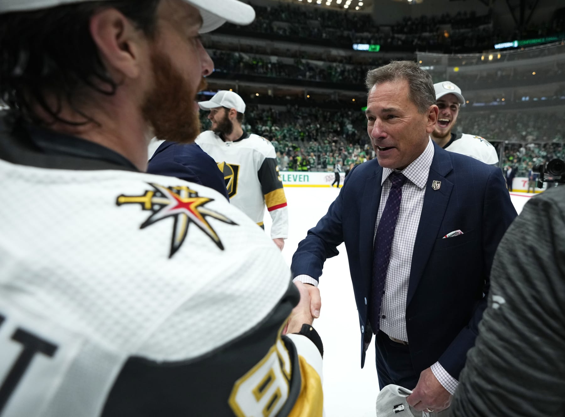 DALLAS, TEXAS - MAY 29: Head coach Bruce Cassidy of the Vegas Golden Knights celebrates with Jonathan Marchessault #81 after a 6-0 victory against the Dallas Stars in Game Six of the Western Conference Final of the 2023 Stanley Cup Playoffs at American Airlines Center on May 29, 2023 in Dallas, Texas. The Vegas Golden Knights won the series 4-2 to advance to the Stanley Cup Finals. (Photo by Jeff Bottari/NHLI via Getty Images)