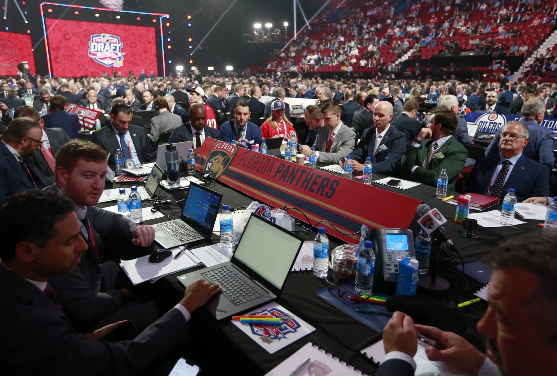 MONTREAL, QUEBEC - JULY 07: A general view of the Florida Panthers draft table prior to the first round of the 2022 Upper Deck NHL Draft at Bell Centre on July 07, 2022 in Montreal, Quebec. (Photo by Jeff Vinnick/NHLI via Getty Images)
