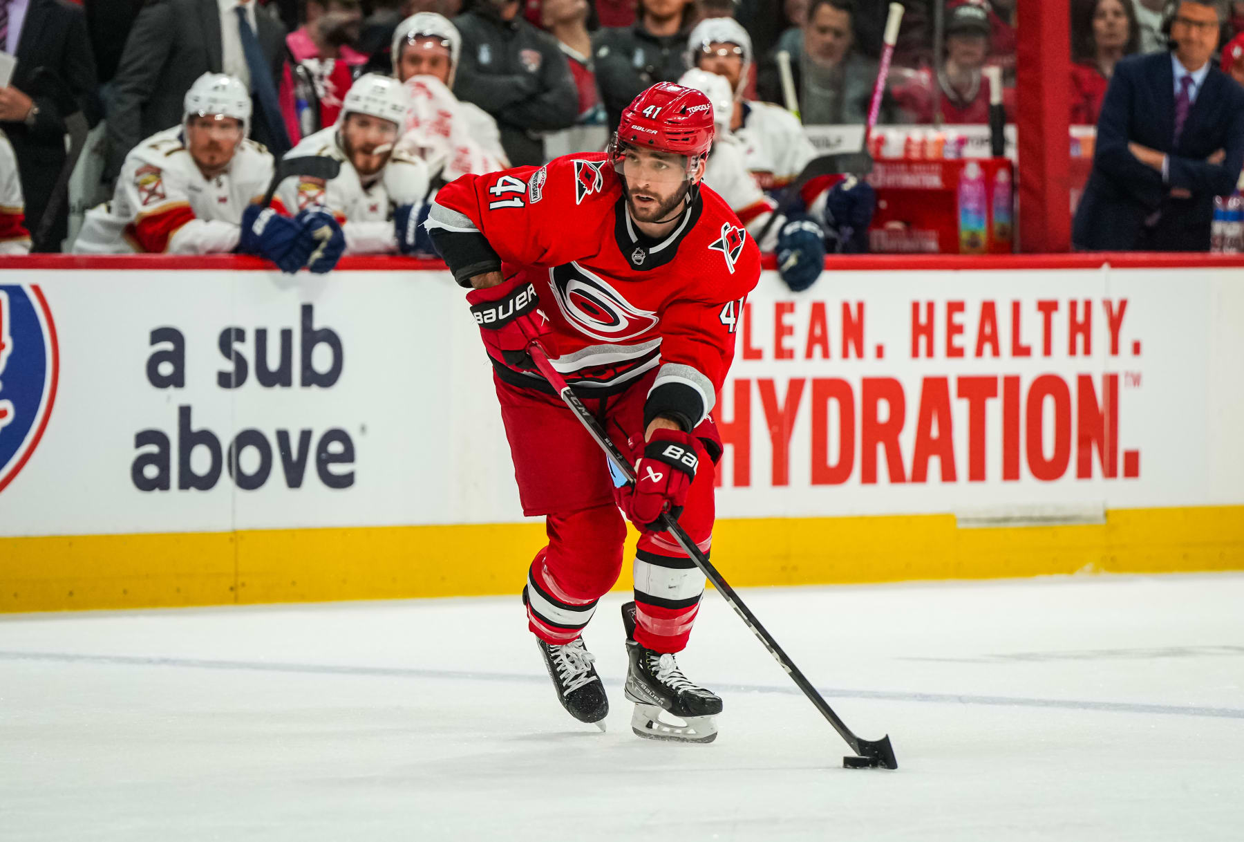 RALEIGH, NORTH CAROLINA - MAY 20: Shayne Gostisbehere #41 of the Carolina Hurricanes skates during the first period against the Florida Panthers in Game Two of the Eastern Conference Final of the 2023 Stanley Cup Playoffs at PNC Arena on May 20, 2023 in Raleigh, North Carolina. (Photo by Josh Lavallee/NHLI via Getty Images)