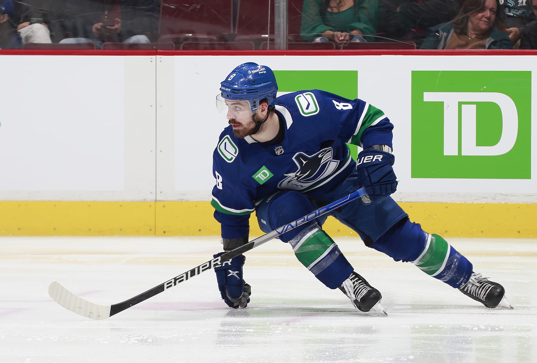 VANCOUVER, CANADA - APRIL 4: Conor Garland #8 of the Vancouver Canucks skates up ice during their NHL game against the Seattle Kraken at Rogers Arena April 4, 2023 in Vancouver, British Columbia, Canada. (Photo by Jeff Vinnick/NHLI via Getty Images)