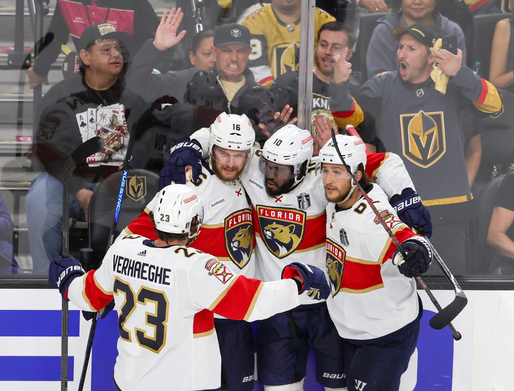 LAS VEGAS, NEVADA - JUNE 03: (EDITORS NOTE: Image contains profanity.) Carter Verhaeghe #23, Aleksander Barkov #16, Anthony Duclair #10 and Brandon Montour #62 of the Florida Panthers celebrate Duclair's second-period goal against the Vegas Golden Knights in Game One of the 2023 NHL Stanley Cup Final at T-Mobile Arena on June 03, 2023 in Las Vegas, Nevada. The Golden Knights defeated the Panthers 5-2. (Photo by Ethan Miller/Getty Images)