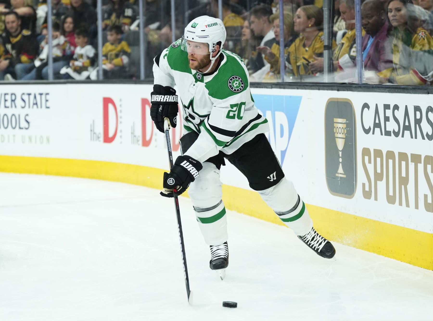 LAS VEGAS, NEVADA - MAY 27: Ryan Suter #20 of the Dallas Stars skates during the first period against the Vegas Golden Knights in Game Five of the Western Conference Final of the 2023 Stanley Cup Playoffs at T-Mobile Arena on May 27, 2023 in Las Vegas, Nevada. (Photo by Jeff Bottari/NHLI via Getty Images)