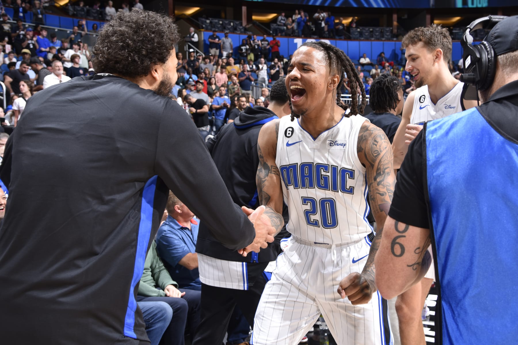 ORLANDO, FL - APRIL 4: Markelle Fultz #20 of the Orlando Magic is introduced before the game against the Cleveland Cavaliers on April 4, 2023 at Amway Center in Orlando, Florida. NOTE TO USER: User expressly acknowledges and agrees that, by downloading and or using this photograph, User is consenting to the terms and conditions of the Getty Images License Agreement. Mandatory Copyright Notice: Copyright 2023 NBAE (Photo by Fernando Medina/NBAE via Getty Images)
