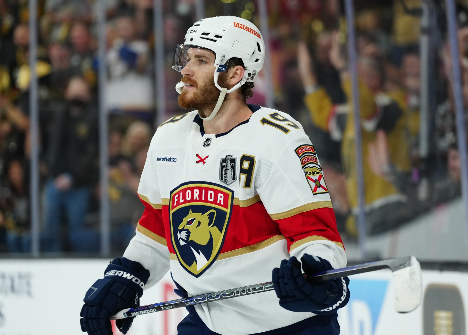 LAS VEGAS, NEVADA - JUNE 05: Matthew Tkachuk #19 of the Florida Panthers looks on during the second period against the Vegas Golden Knights in Game Two of the 2023 NHL Stanley Cup Final at T-Mobile Arena on June 05, 2023 in Las Vegas, Nevada. (Photo by Jeff Bottari/NHLI via Getty Images)