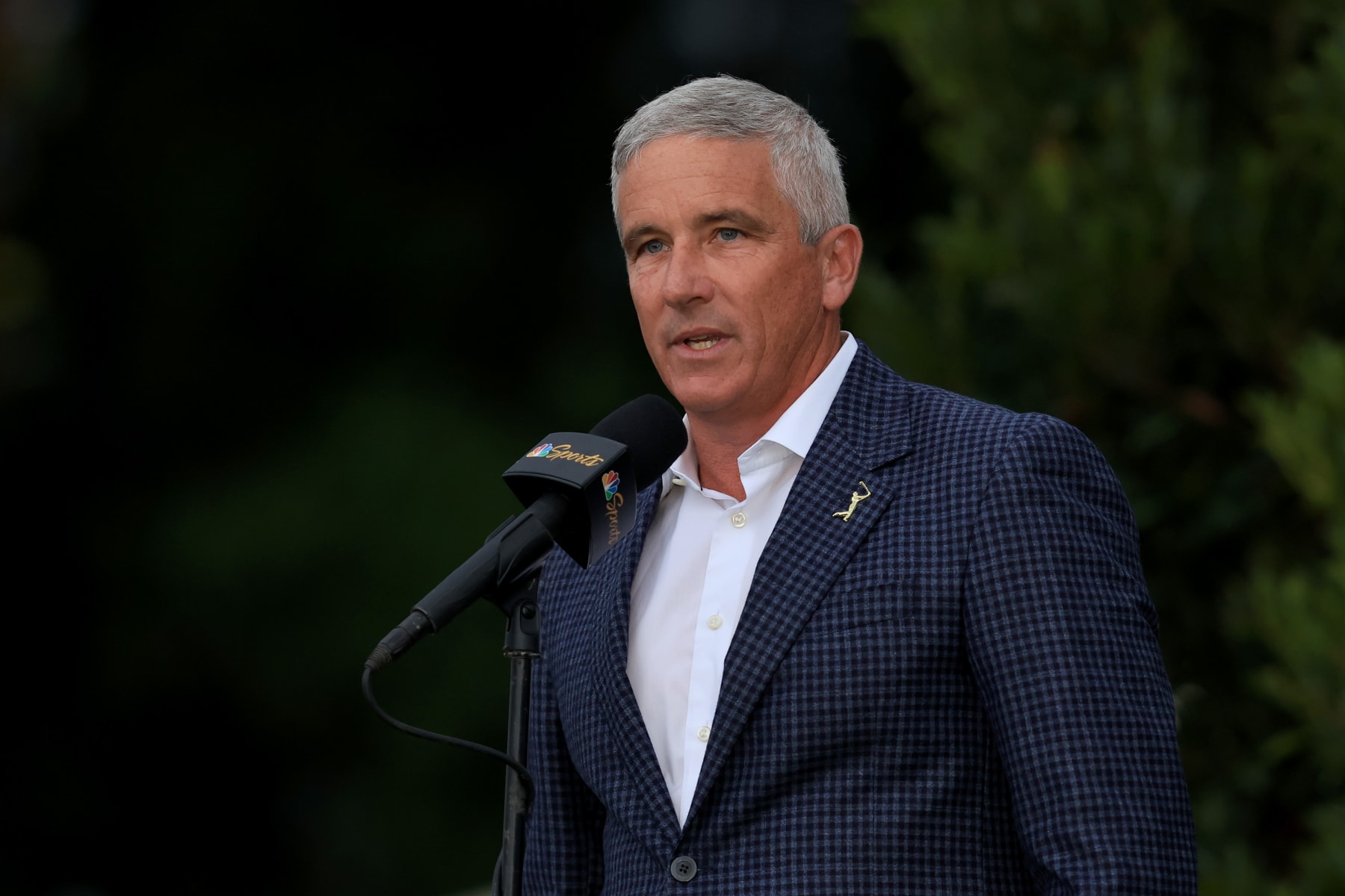 PONTE VEDRA BEACH, FLORIDA - MARCH 12: Jay Monahan, PGA TOUR Commissioner, speaks during the trophy ceremony during the final round of THE PLAYERS Championship on THE PLAYERS Stadium Course at TPC Sawgrass on March 12, 2023 in Ponte Vedra Beach, Florida. (Photo by Sam Greenwood/Getty Images)