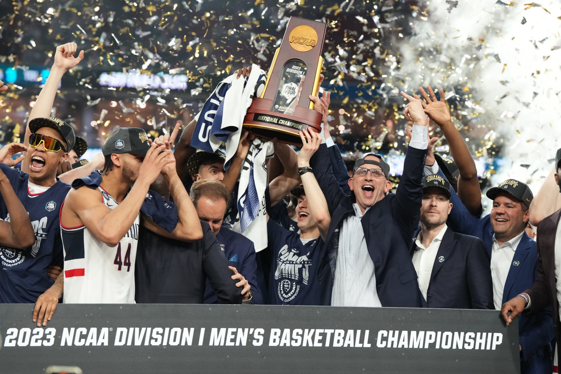 HOUSTON, TEXAS - APRIL 03: The Connecticut Huskies celebrates winning the NCAA Men's Basketball Tournament Final Four championship game against the San Diego State Aztecs at NRG Stadium on April 03, 2023 in Houston, Texas. (Photo by Mitchell Layton/Getty Images)