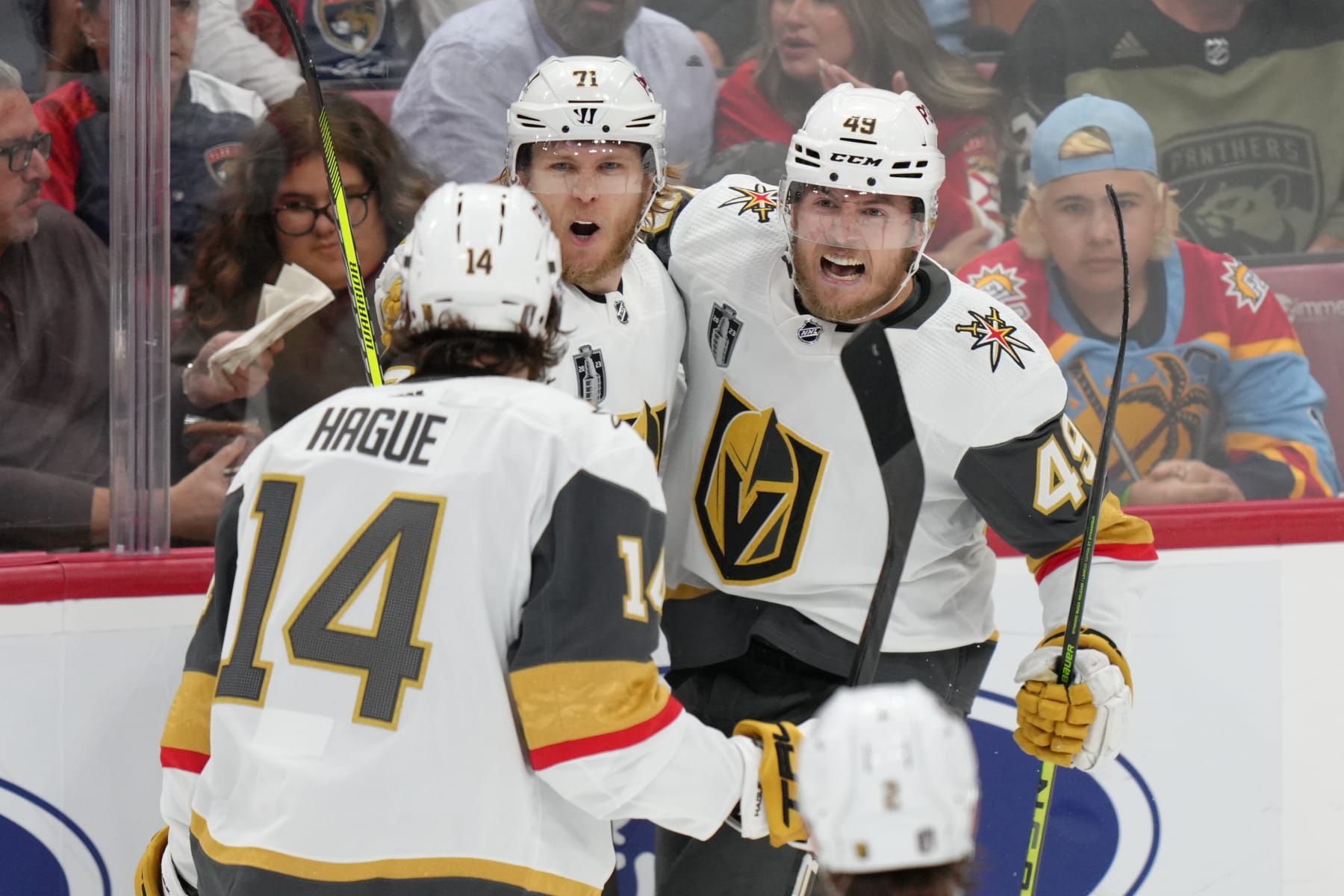 SUNRISE, FL - JUNE 10: Vegas Golden Knights center William Karlsson (71) celebrates a goal and 3-0 lead with Vegas Golden Knights defenseman Nicolas Hague (14) and Vegas Golden Knights center Ivan Barbashev (49) in the second period during game four of the Stanley Cup Finals between the Vegas Golden Knights and the Florida Panthers on Saturday, June 10, 2023 at FLA Live Arena, Sunrise, Fla. (Photo by Peter Joneleit/Icon Sportswire via Getty Images)