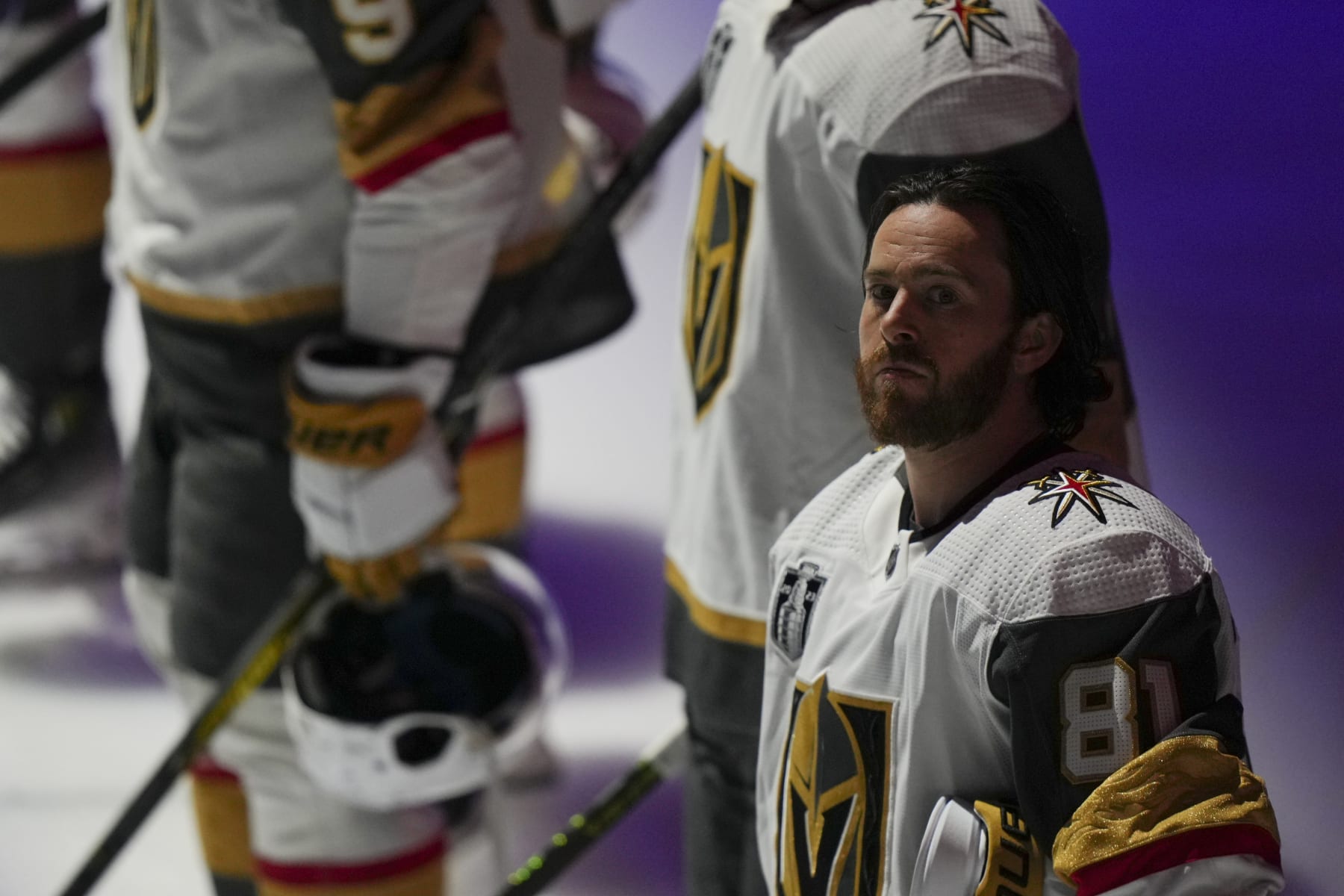 SUNRISE, FL - JUNE 10: Vegas Golden Knights right wing Jonathan Marchessault (81) looks toward the stands during the National Anthem before game four of the Stanley Cup Finals between the Vegas Golden Knights and the Florida Panthers on Saturday, June 10, 2023 at FLA Live Arena, Sunrise, Fla. (Photo by Peter Joneleit/Icon Sportswire via Getty Images)