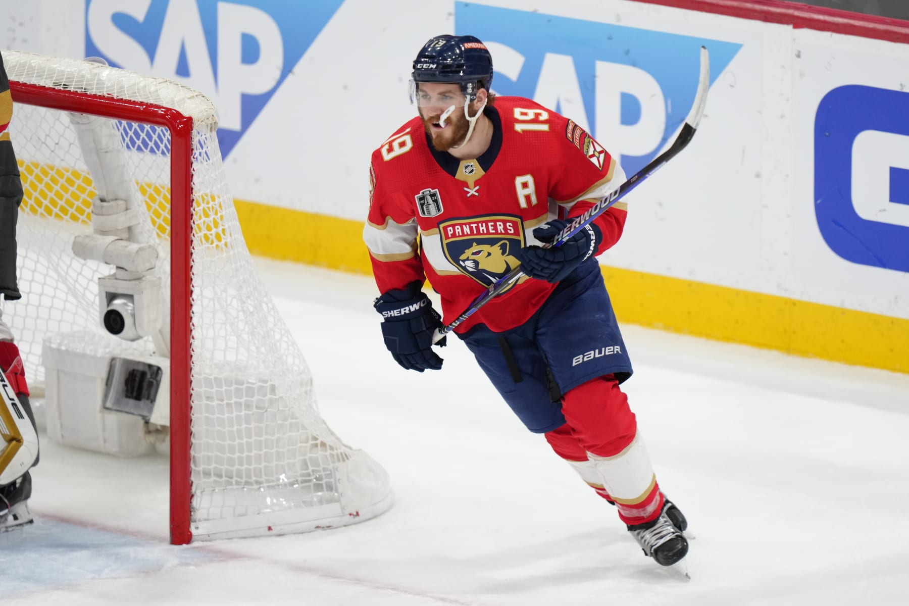 SUNRISE, FL - JUNE 10: Florida Panthers left wing Matthew Tkachuk (19) skates down ice to help defends after a missed importunity on offense in the first period during game four of the Stanley Cup Finals between the Vegas Golden Knights and the Florida Panthers on Saturday, June 10, 2023 at FLA Live Arena, Sunrise, Fla. (Photo by Peter Joneleit/Icon Sportswire via Getty Images)