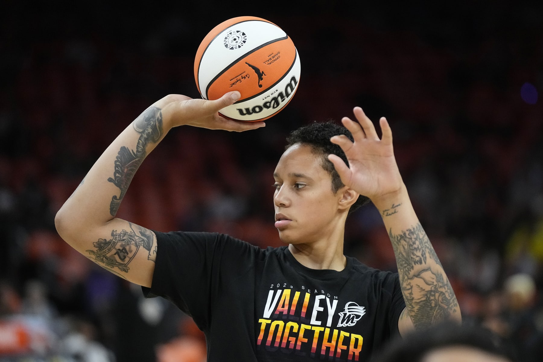Phoenix Mercury center Brittney Griner warms up prior to a WNBA basketball game against the Chicago Sky Sunday, May 21, 2023, in Phoenix. (AP Photo/Ross D. Franklin)