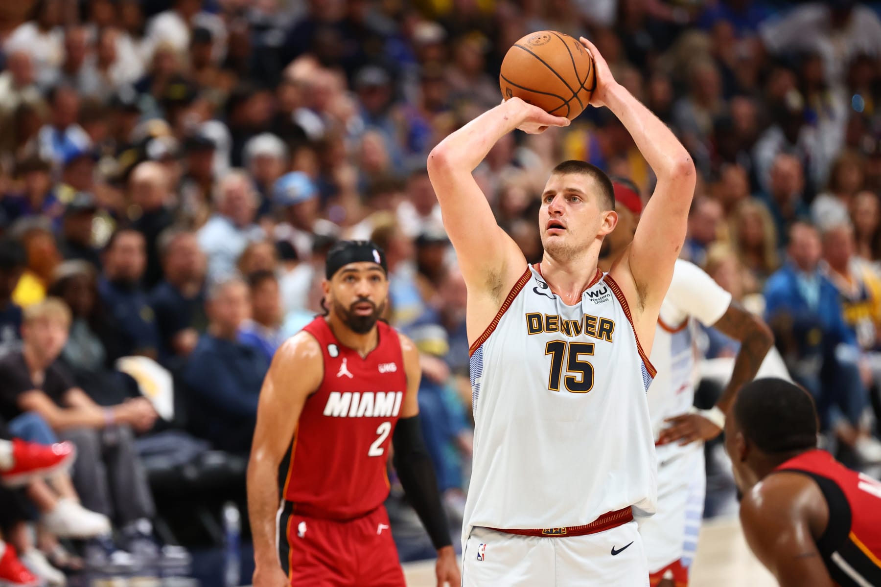 DENVER, CO - JUNE 12: Nikola Jokic #15 of the Denver Nuggets shoots a free throw during game 5 of the 2023 NBA Finals against the Miami Heat on June 12, 2023 at the Ball Arena in Denver, Colorado. NOTE TO USER: User expressly acknowledges and agrees that, by downloading and/or using this Photograph, user is consenting to the terms and conditions of the Getty Images License Agreement. Mandatory Copyright Notice: Copyright 2023 NBAE (Photo by Jamie Schwaberow/NBAE via Getty Images)