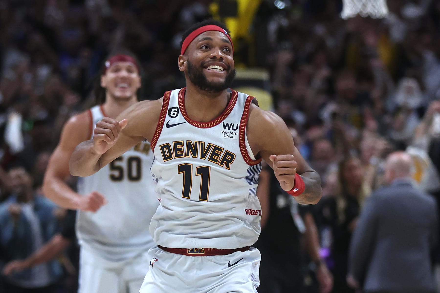 DENVER, COLORADO - JUNE 12: Bruce Brown #11 of the Denver Nuggets reacts after a 94-89 victory against the Miami Heat in Game Five of the 2023 NBA Finals at Ball Arena on June 12, 2023 in Denver, Colorado. NOTE TO USER: User expressly acknowledges and agrees that, by downloading and or using this photograph, User is consenting to the terms and conditions of the Getty Images License Agreement. (Photo by Matthew Stockman/Getty Images)