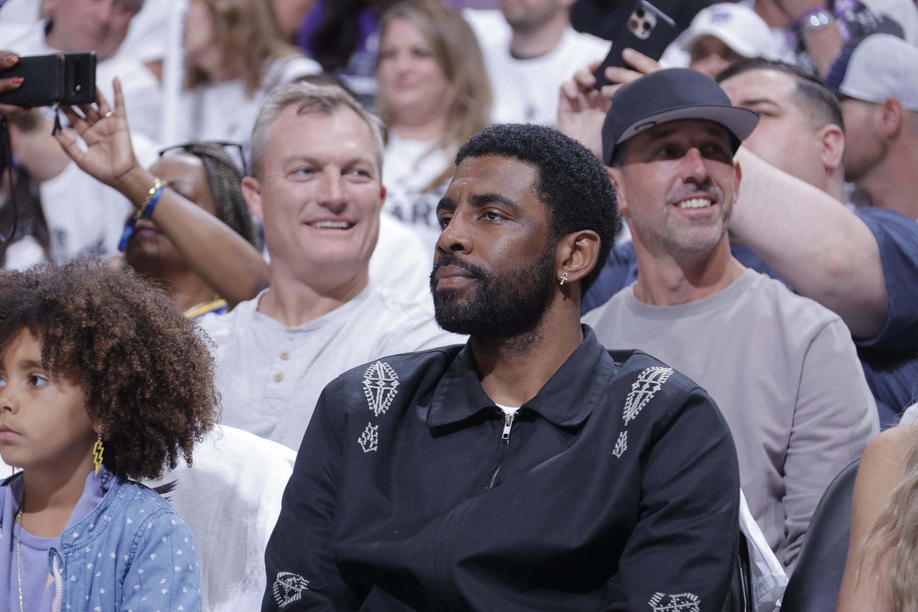 SACRAMENTO, CA - APRIL 30: Kyrie Irving attends Round One Game Seven of the 2023 NBA Playoffs on April 30, 2023 at Golden 1 Center in Sacramento, California. NOTE TO USER: User expressly acknowledges and agrees that, by downloading and or using this Photograph, user is consenting to the terms and conditions of the Getty Images License Agreement. Mandatory Copyright Notice: Copyright 2023 NBAE (Photo by Rocky Widner/NBAE via Getty Images)