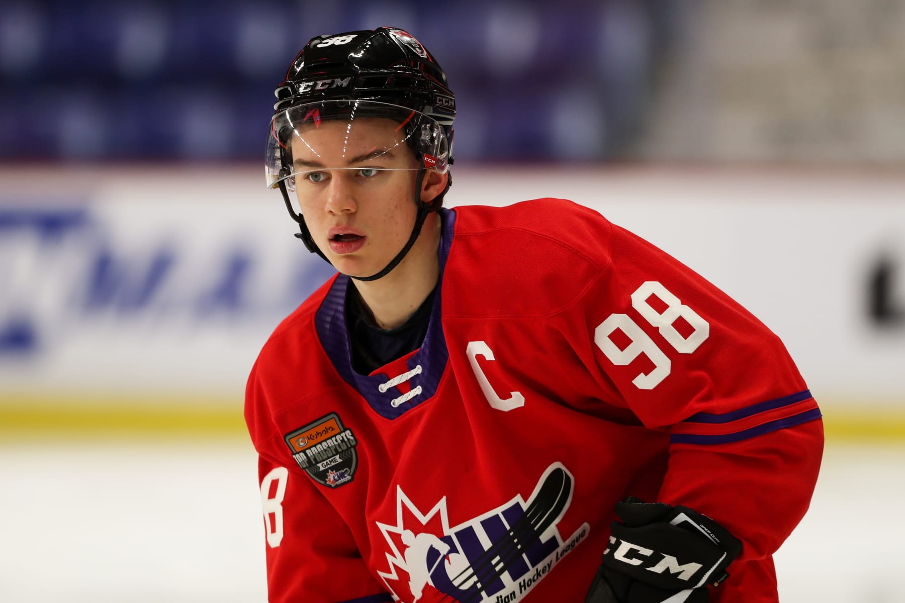 LANGLEY, BRITISH COLUMBIA - JANUARY 25: Forward Connor Bedard #98 of the Regina Pats skates for Team Red during the 2023 Kubota CHL Top Prospects Game Practice at the Langley Events Centre on January 25, 2023 in Langley, British Columbia. (Photo by Dennis Pajot/Getty Images)