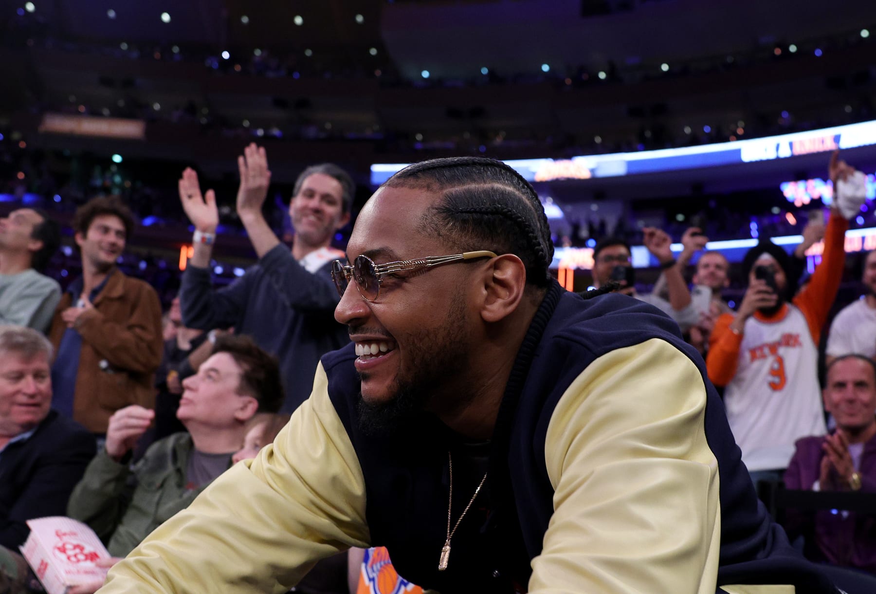 NEW YORK, NEW YORK - MAY 02:  Former New York Knicks player Carmelo Anthony attends game two of the Eastern Conference Semifinals between the New York Knicks and the Miami Heat at Madison Square Garden on May 02, 2023 in New York City. NOTE TO USER: User expressly acknowledges and agrees that, by downloading and or using this photograph, User is consenting to the terms and conditions of the Getty Images License Agreement. (Photo by Elsa/Getty Images)