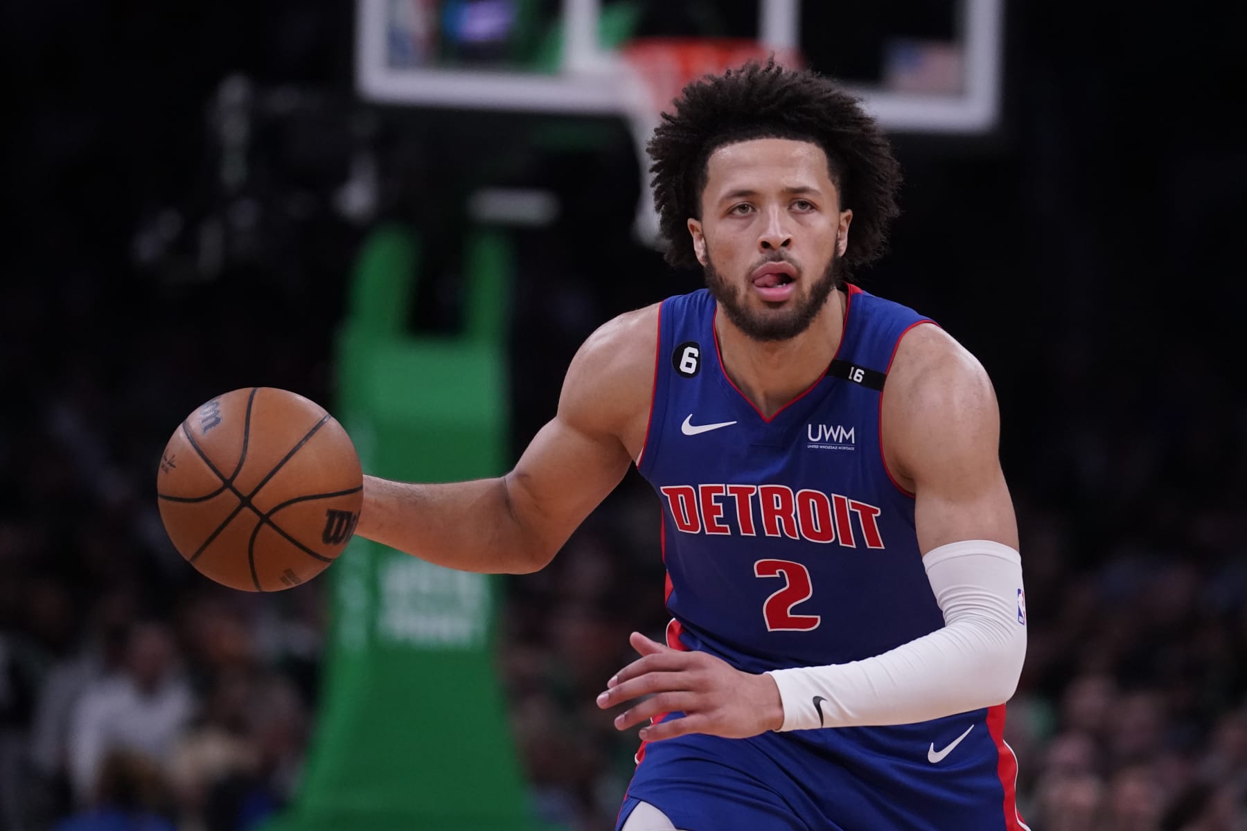 Detroit Pistons guard Cade Cunningham (2) during an NBA basketball game, Wednesday, Nov. 9, 2022, in Boston. (AP Photo/Charles Krupa)