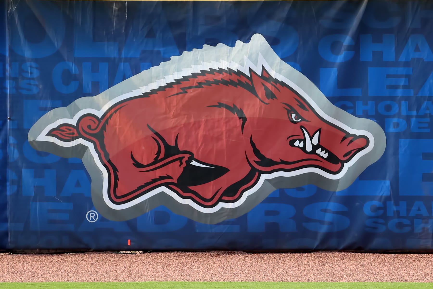 HOOVER, AL - MAY 25: A general view of the Arkansas Razorbacks logo during the 2023 SEC Baseball Tournament game between the Arkansas Razorbacks and the LSU Tigers on May 25, 2023 at Hoover Metropolitan Stadium in Hoover, Alabama.  (Photo by Michael Wade/Icon Sportswire via Getty Images)